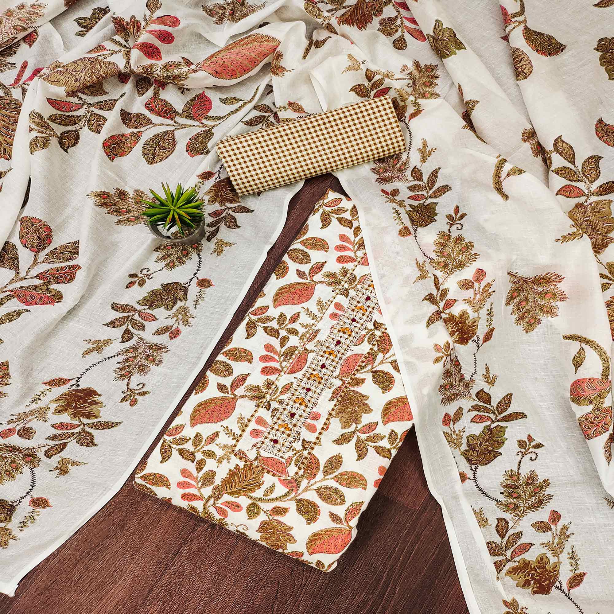 White & Brown Floral Foil Printed Pure Cotton Dress Material