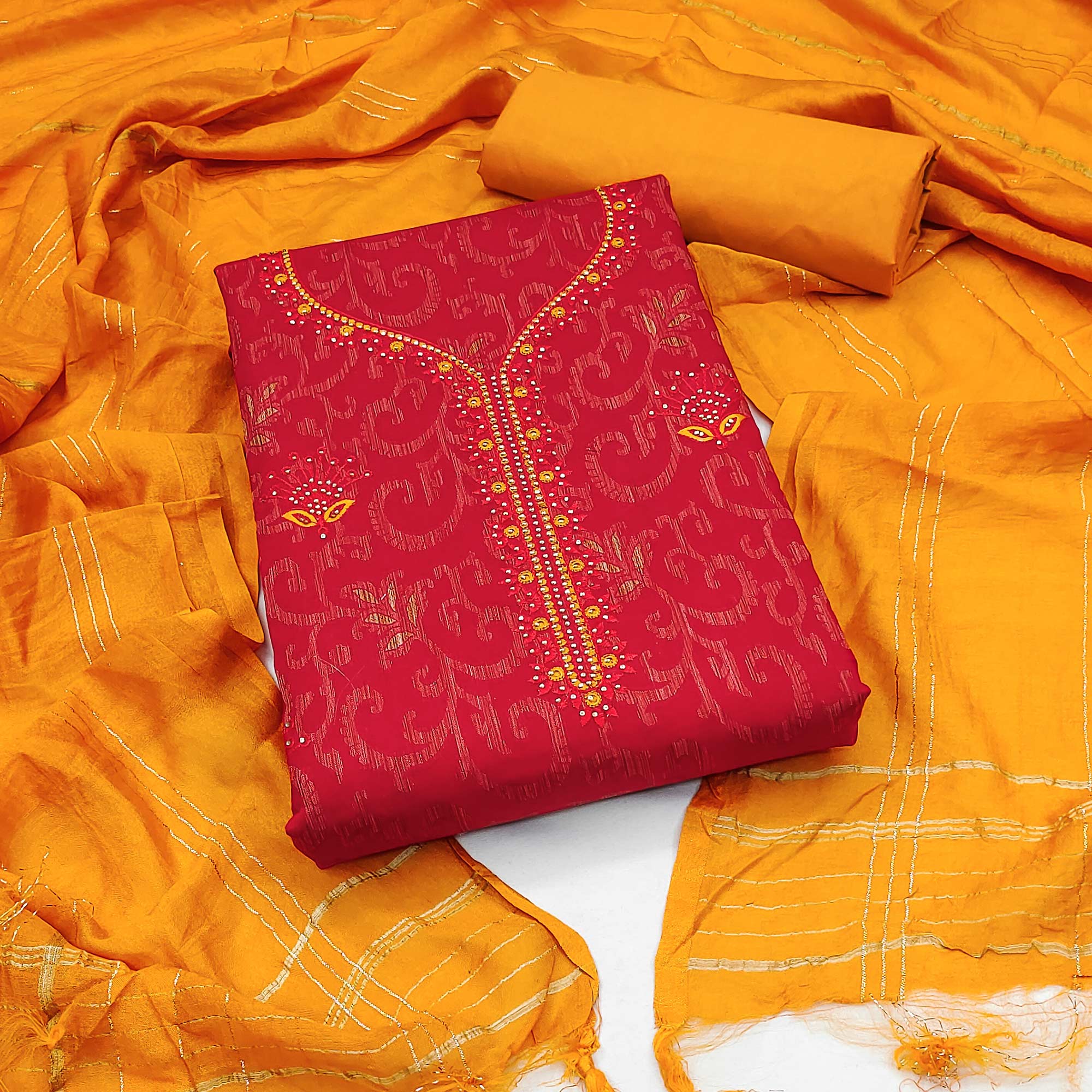 Pink Woven Cotton Blend Unstitched Dress Material