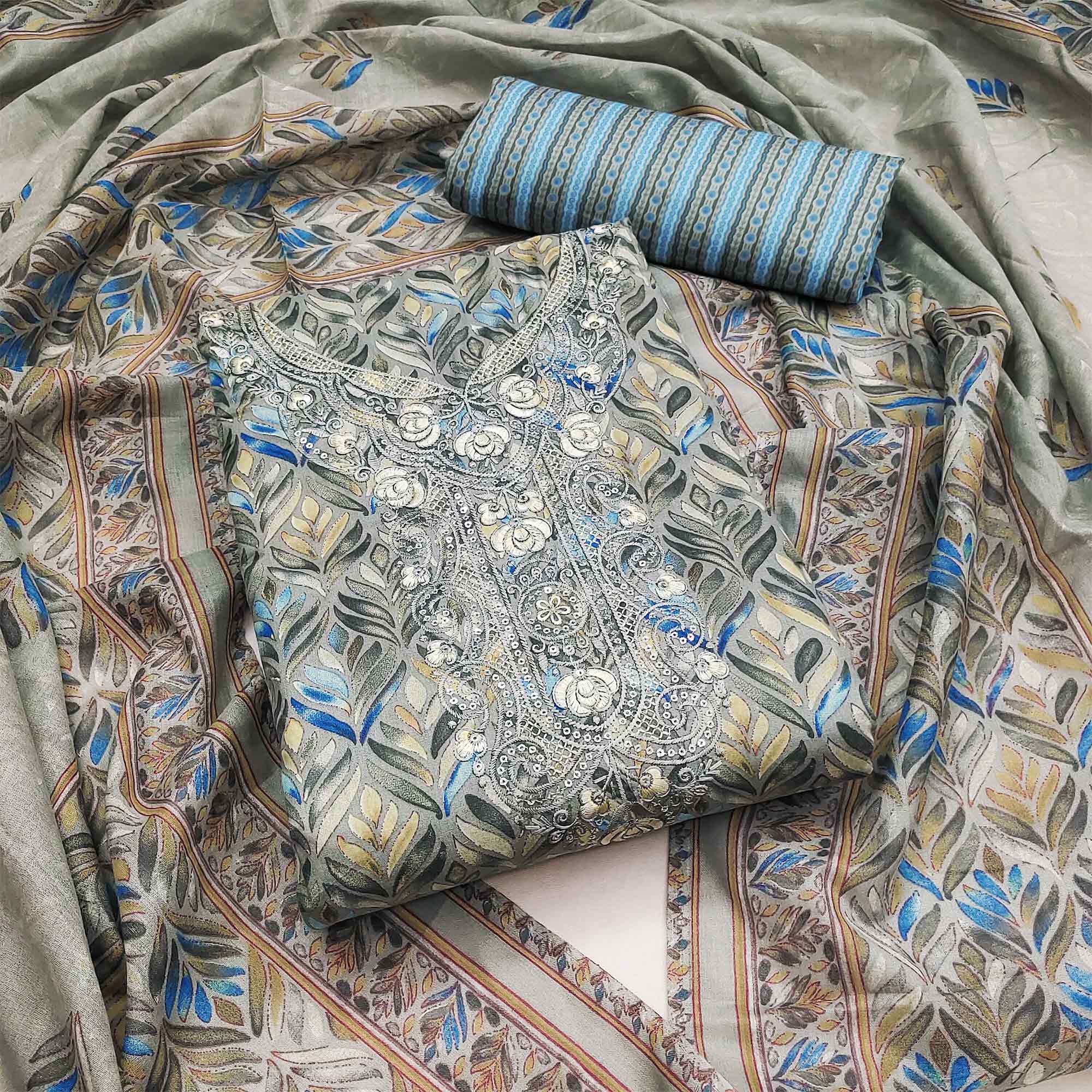 Grey Printed With Embroidery Pure Cotton Dress Material