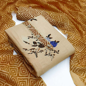 Beige Floral Printed Cotton Blend Dress Material