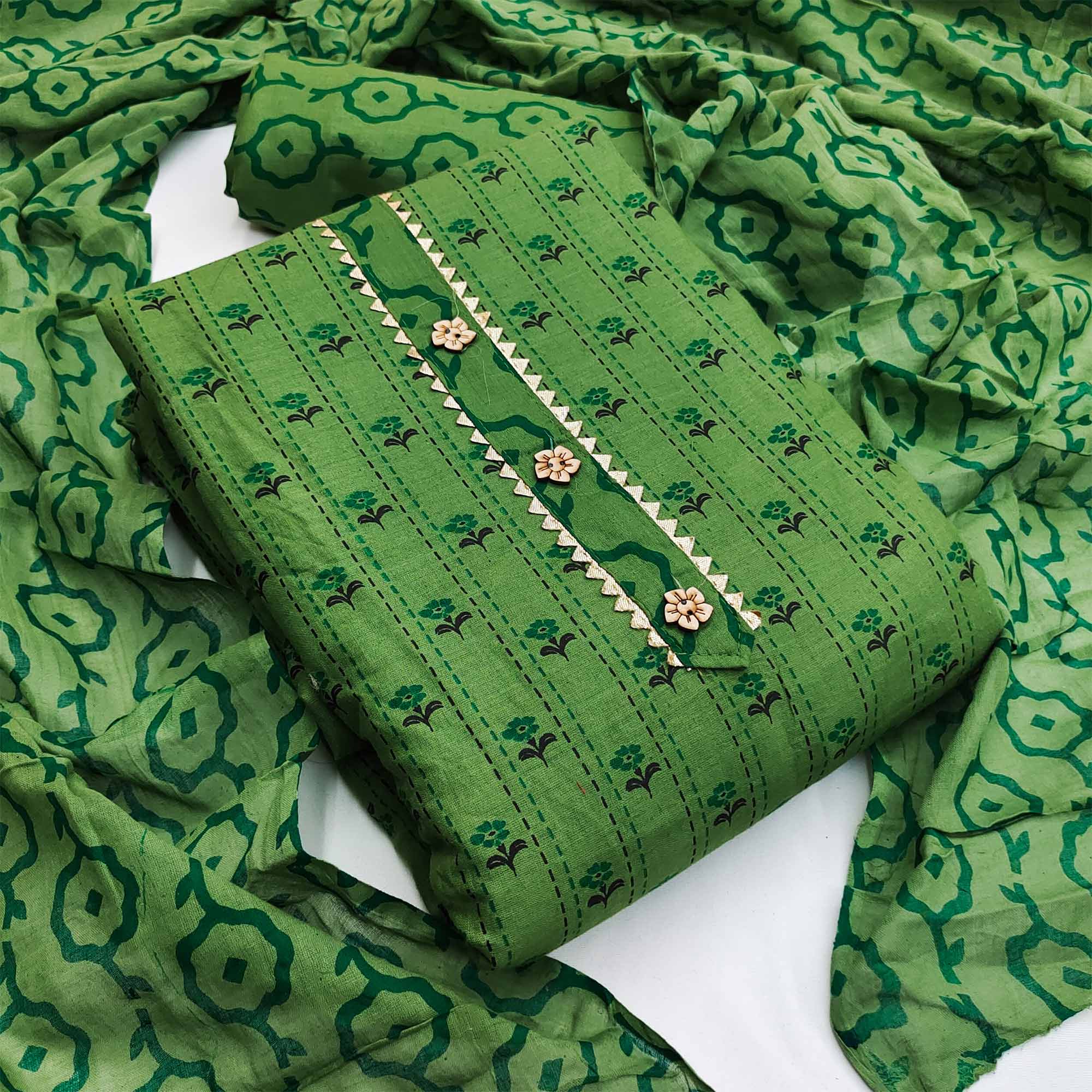 Green Floral Printed Cotton Blend Dress Material