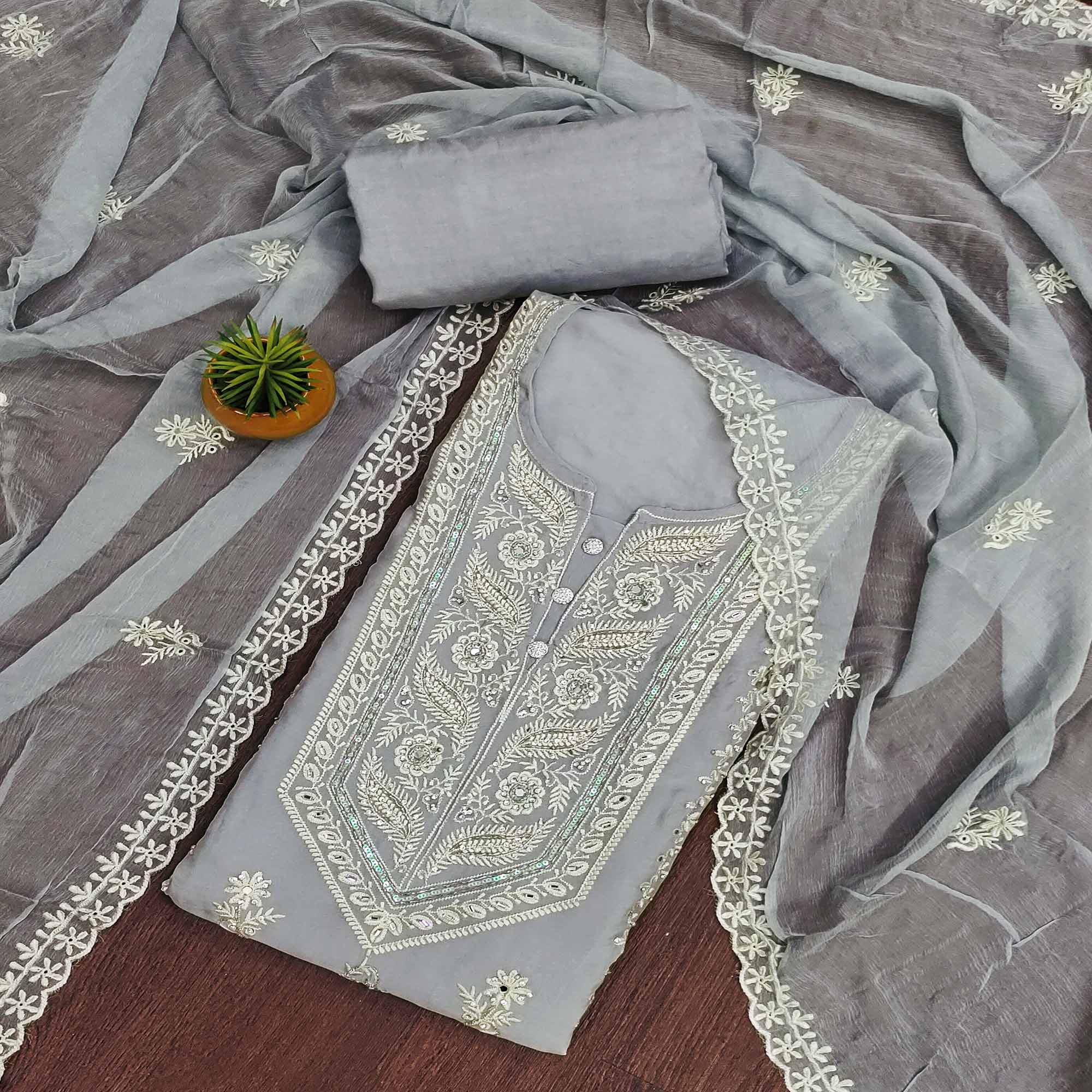 Grey Floral Sequins Embroidered Organza Dress Material