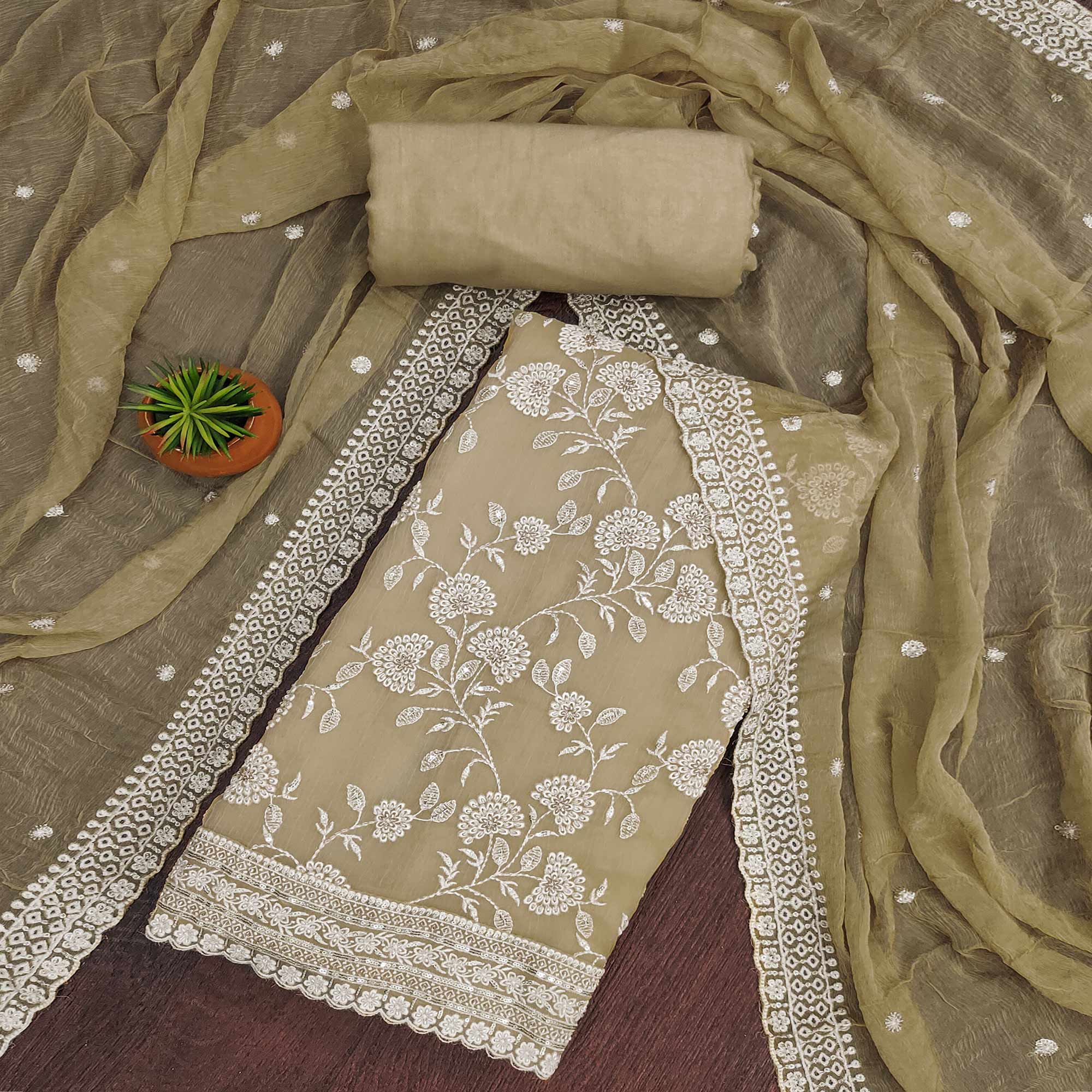 Beige Floral Embroidered Chiffon Dress Material