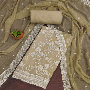 Beige Floral Embroidered Chiffon Dress Material