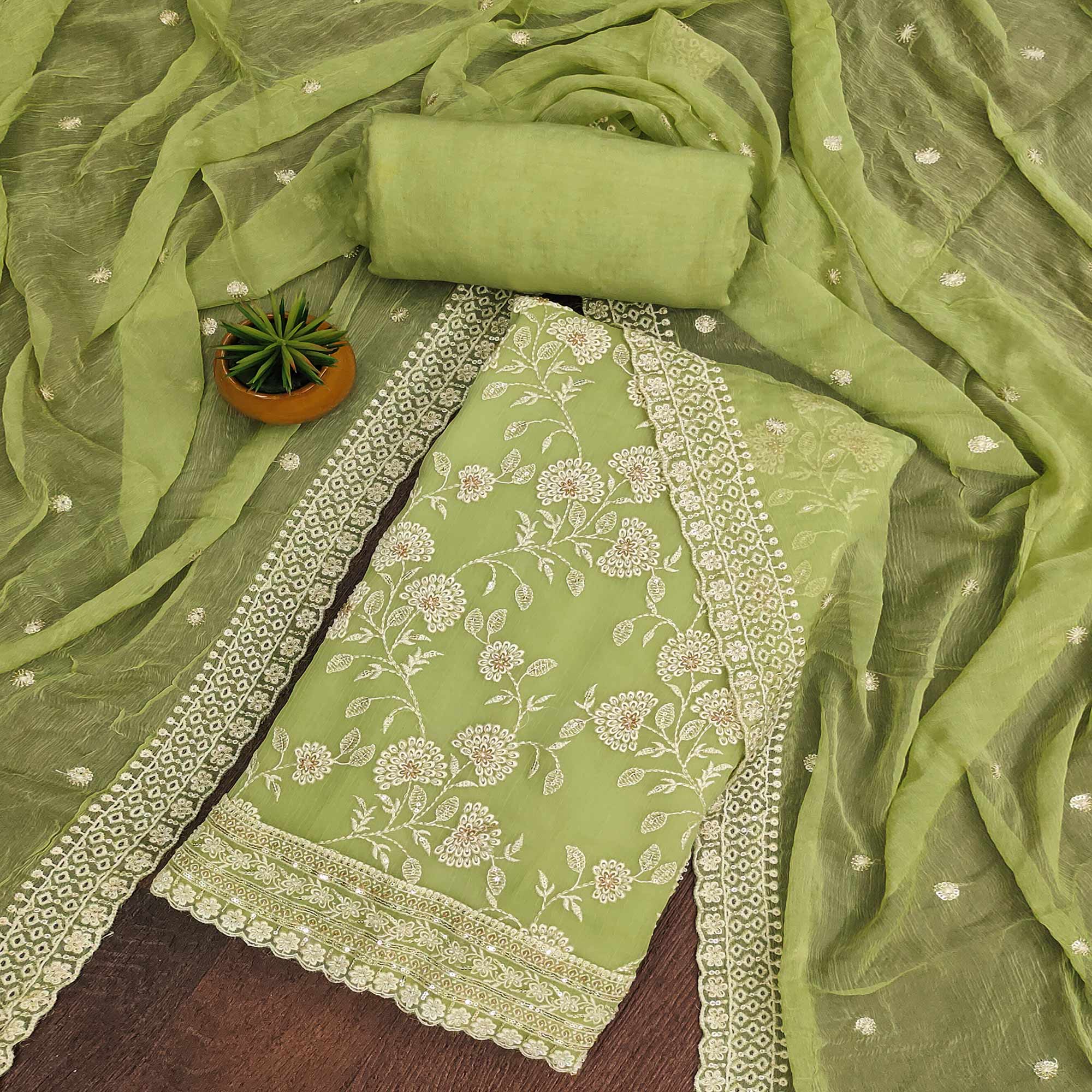 Green Floral Embroidered Chiffon Dress Material