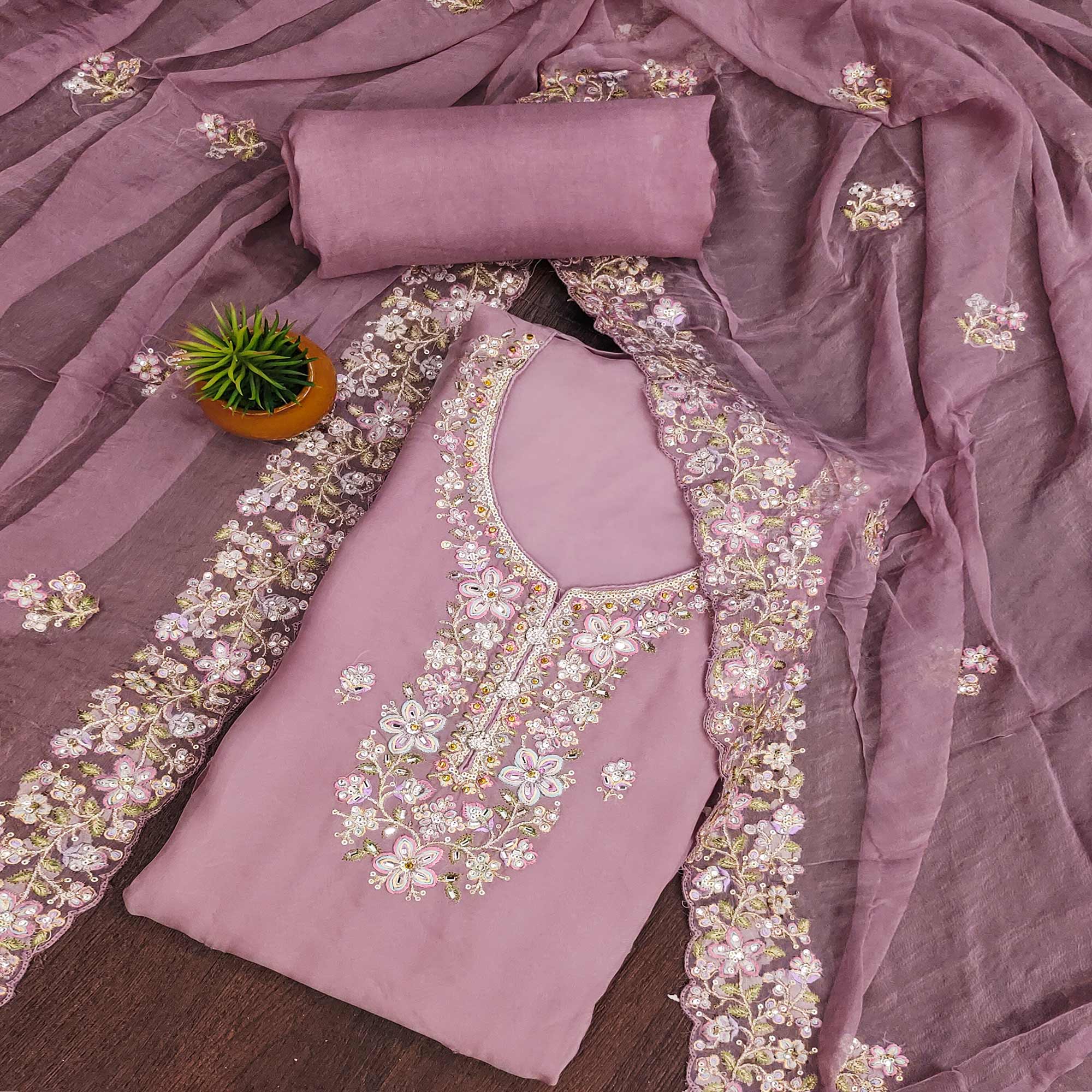 Purple Floral Sequins Embroidered Organza Dress Material