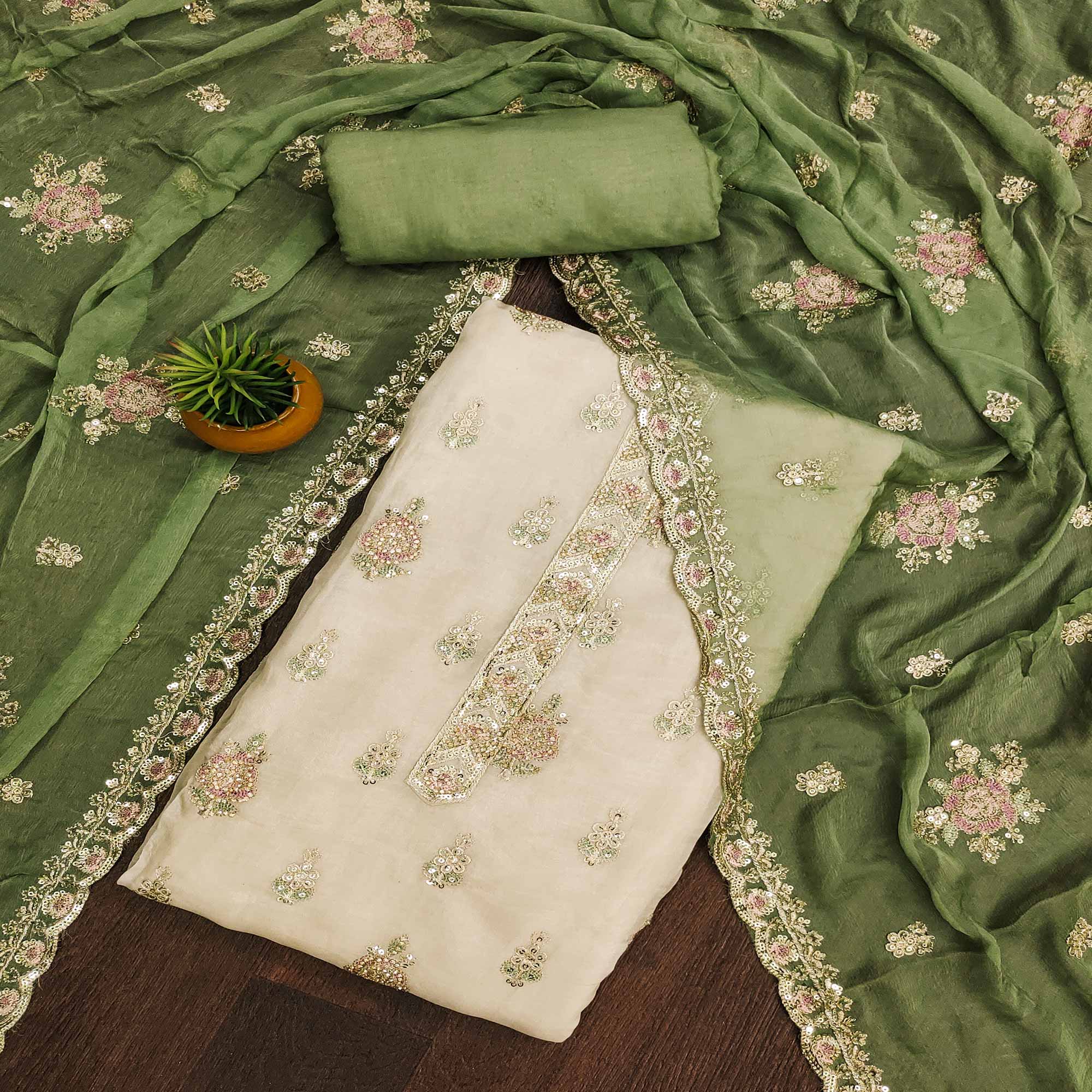 Beige & Green Floral Sequins Embroidered Organza Dress Material