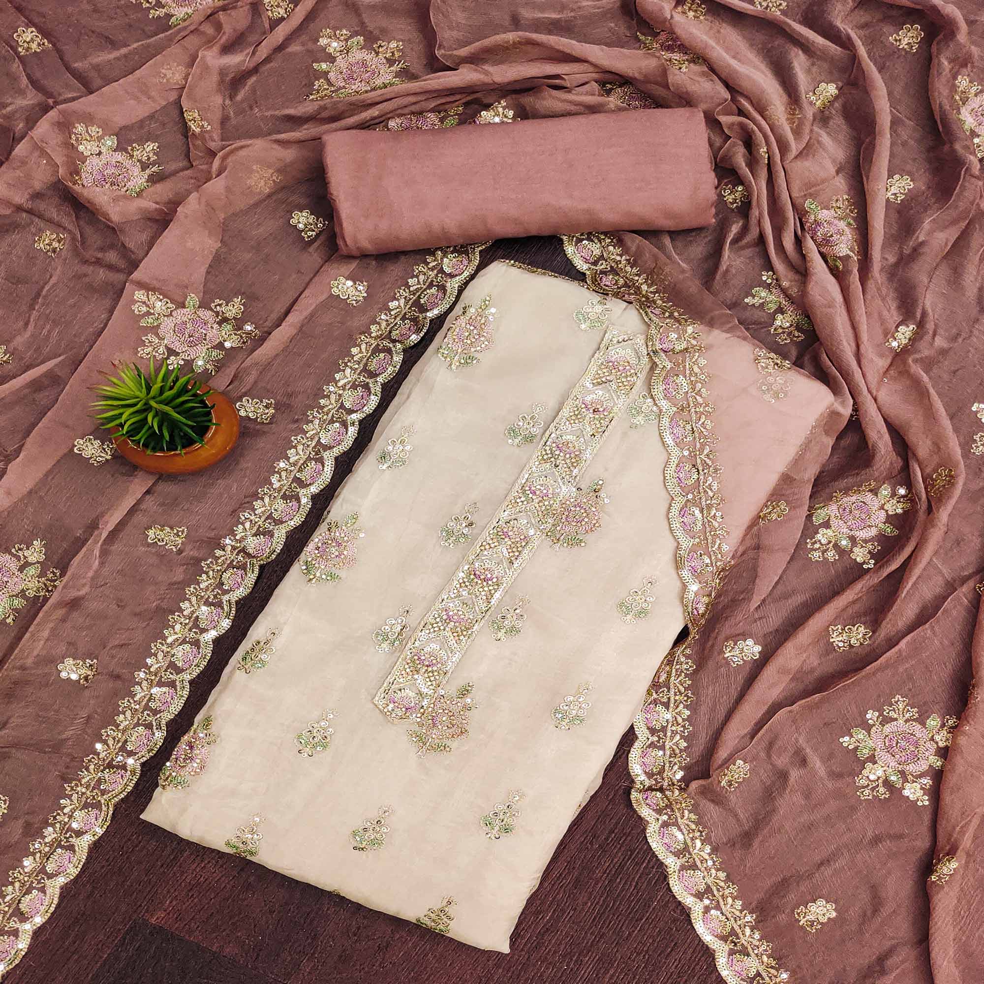 Beige & Peach Floral Sequins Embroidered Organza Dress Material