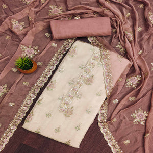 Beige & Peach Floral Sequins Embroidered Organza Dress Material