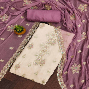Beige & Purple Floral Sequins Embroidered Organza Dress Material