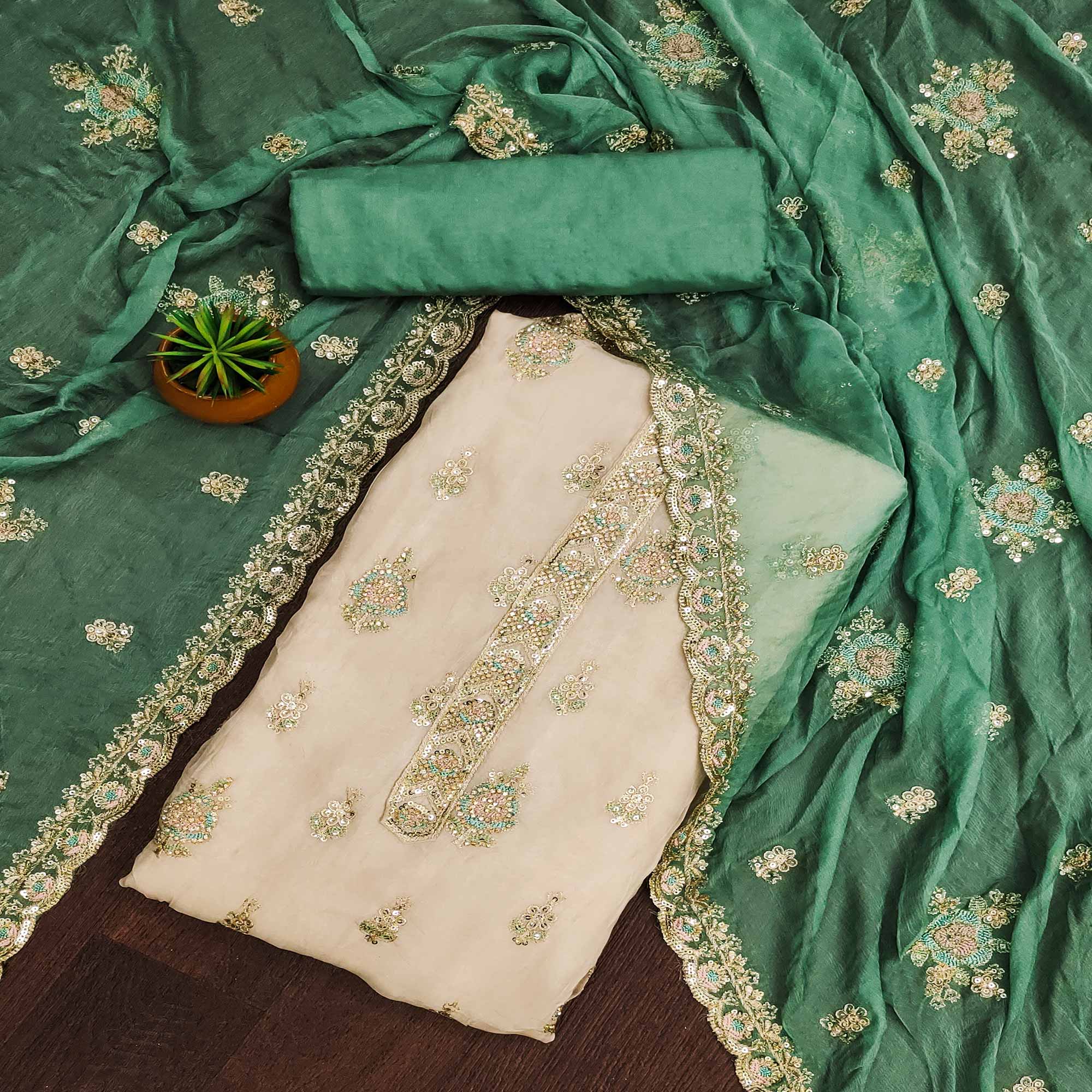 Beige & Rama Green Floral Sequins Embroidered Organza Dress Material