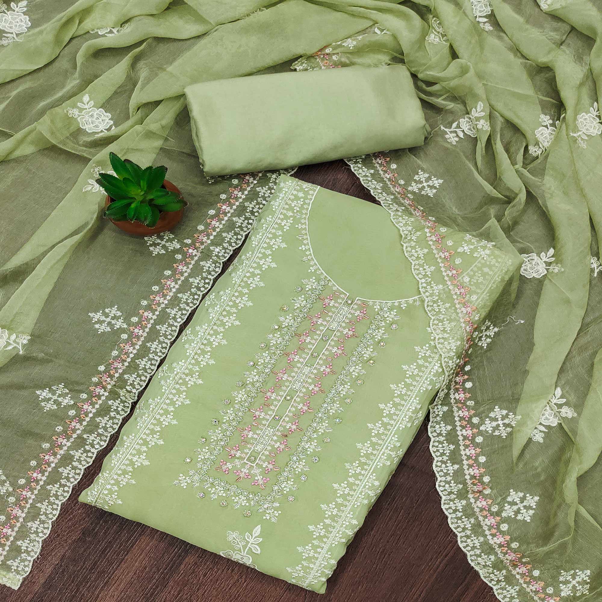 Green Floral Embroidered Organza Dress Material