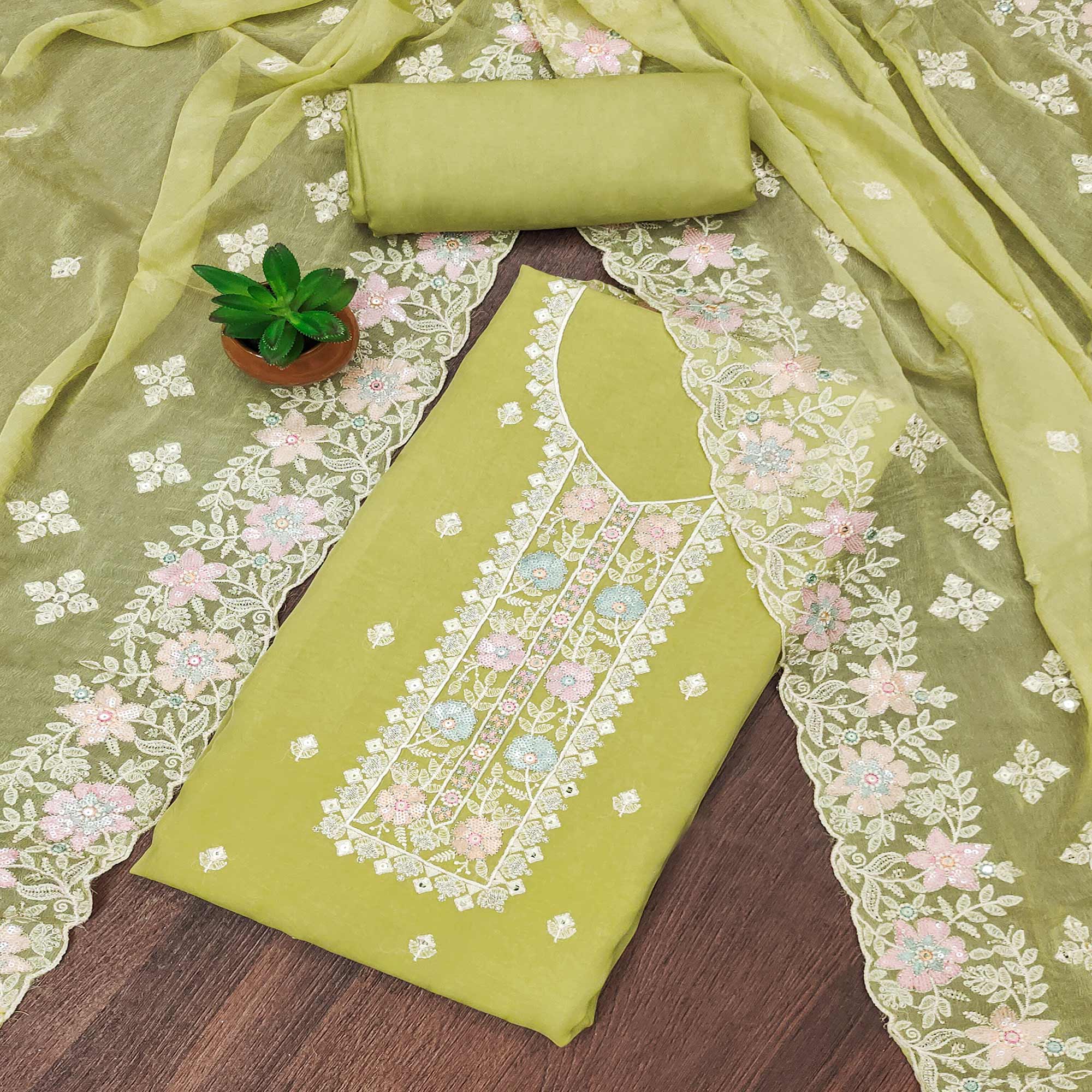 Green Floral Embroidered Organza Dress Material