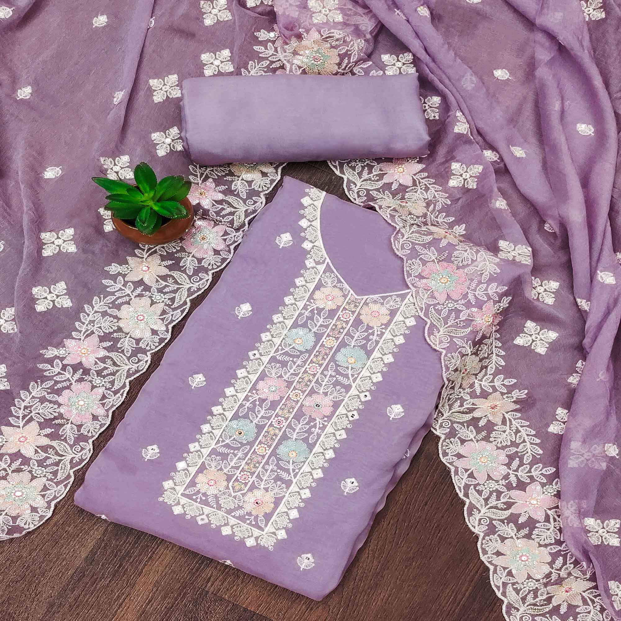 Purple Floral Embroidered Organza Dress Material