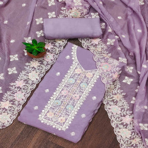 Purple Floral Embroidered Organza Dress Material