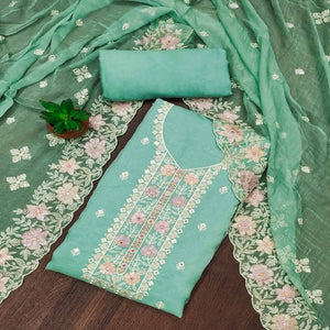 Turquoise Floral Embroidered Organza Dress Material