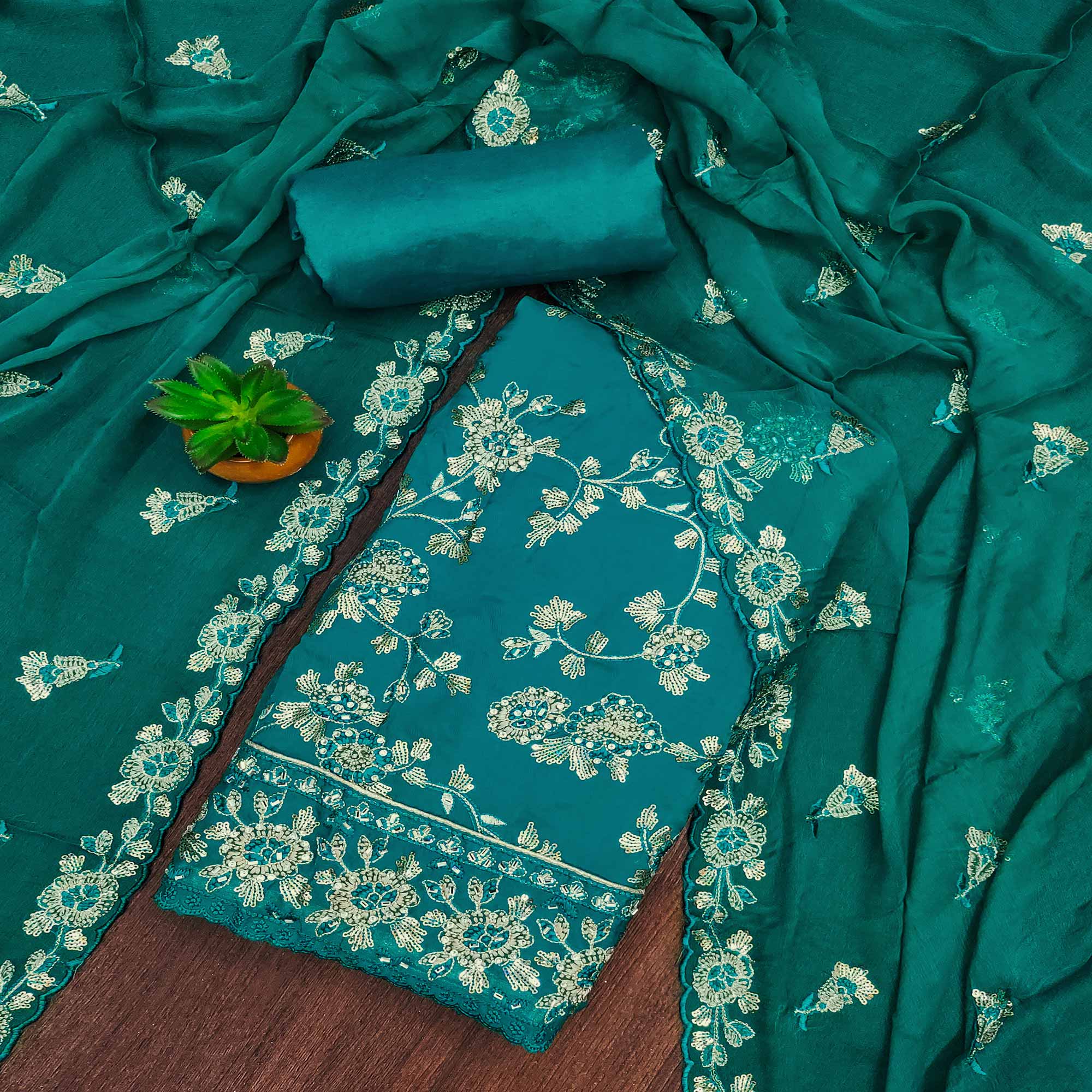 Rama Green Floral Sequins Embroidered Organza Dress Material