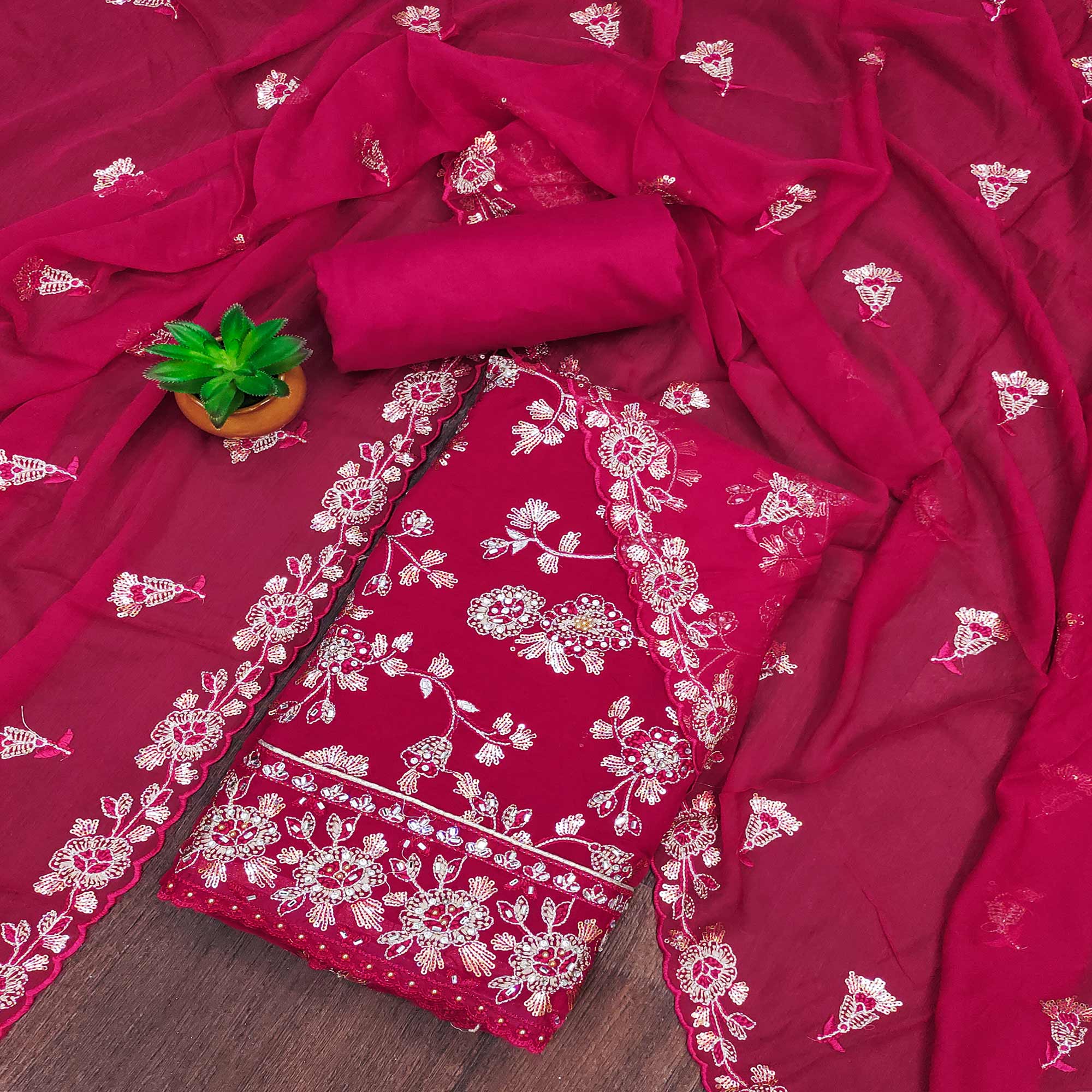 Rani Pink Floral Sequins Embroidered Organza Dress Material
