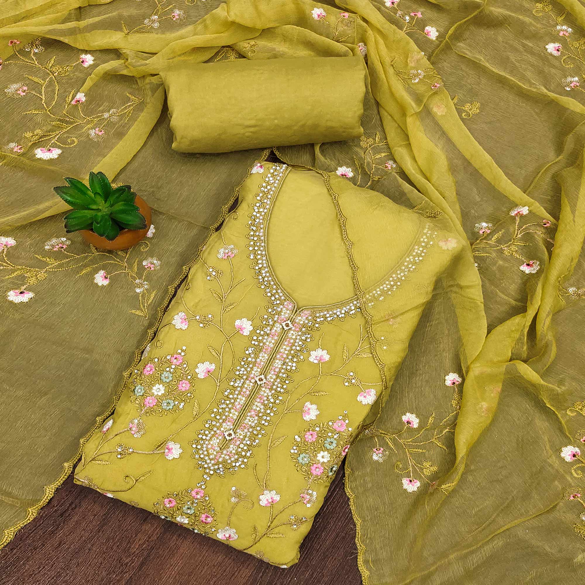 Lemon Yellow Floral Embroidered Organza Dress Material