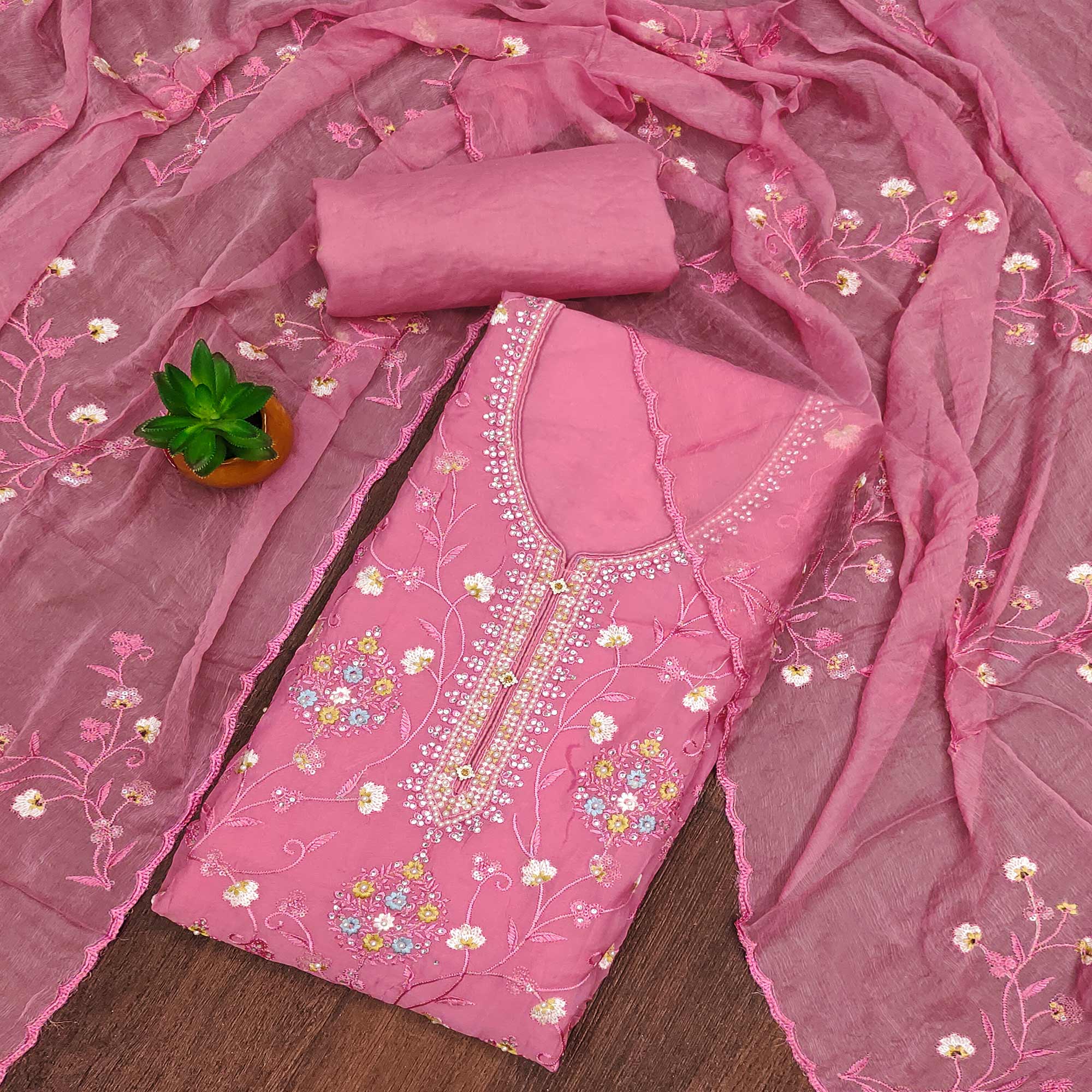Pink Floral Embroidered Organza Dress Material