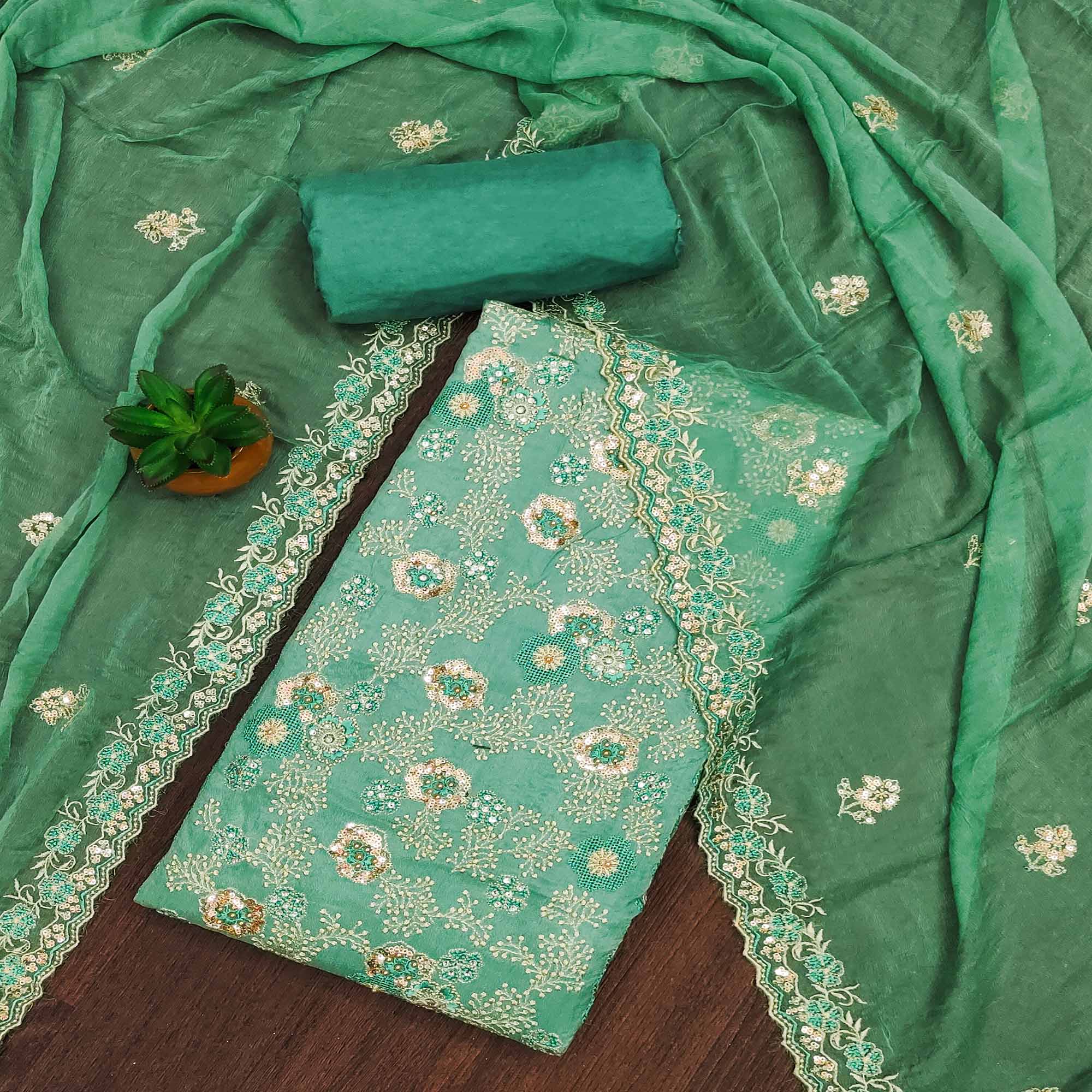 Rama Green Floral Embroidered Organza Dress Material
