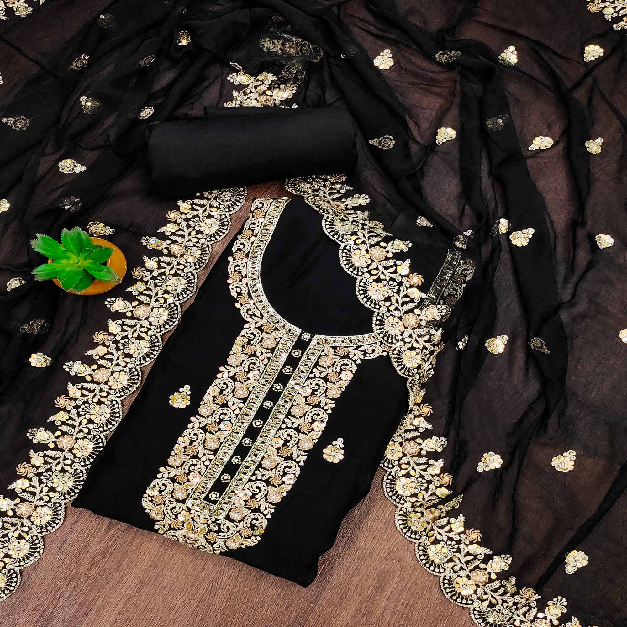 Black Embroidered Organza Dress Material