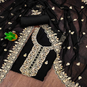 Black Embroidered Organza Dress Material