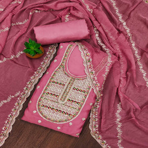 Dusty Pink Embroidered Organza Dress Material