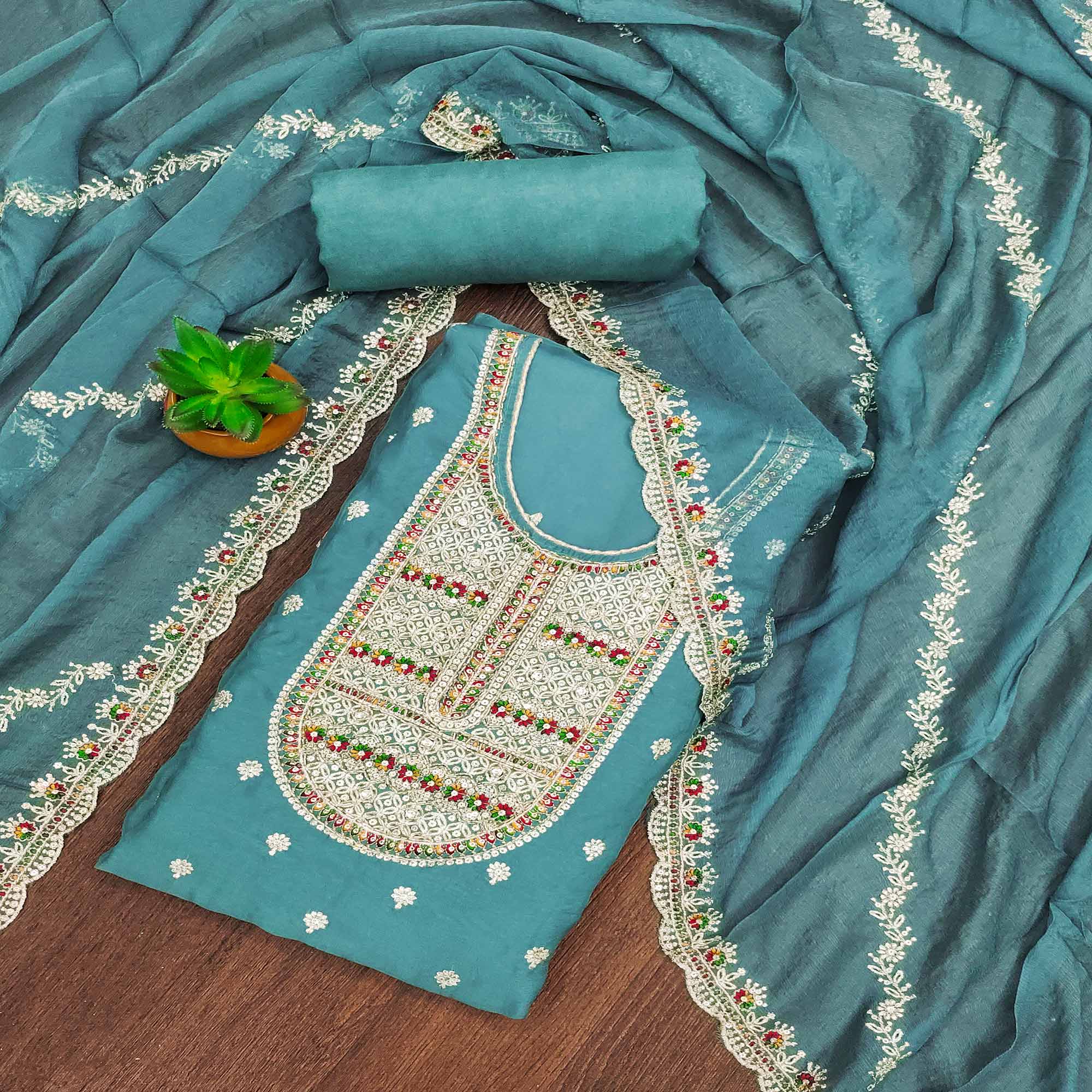 Rama Blue Embroidered Organza Dress Material