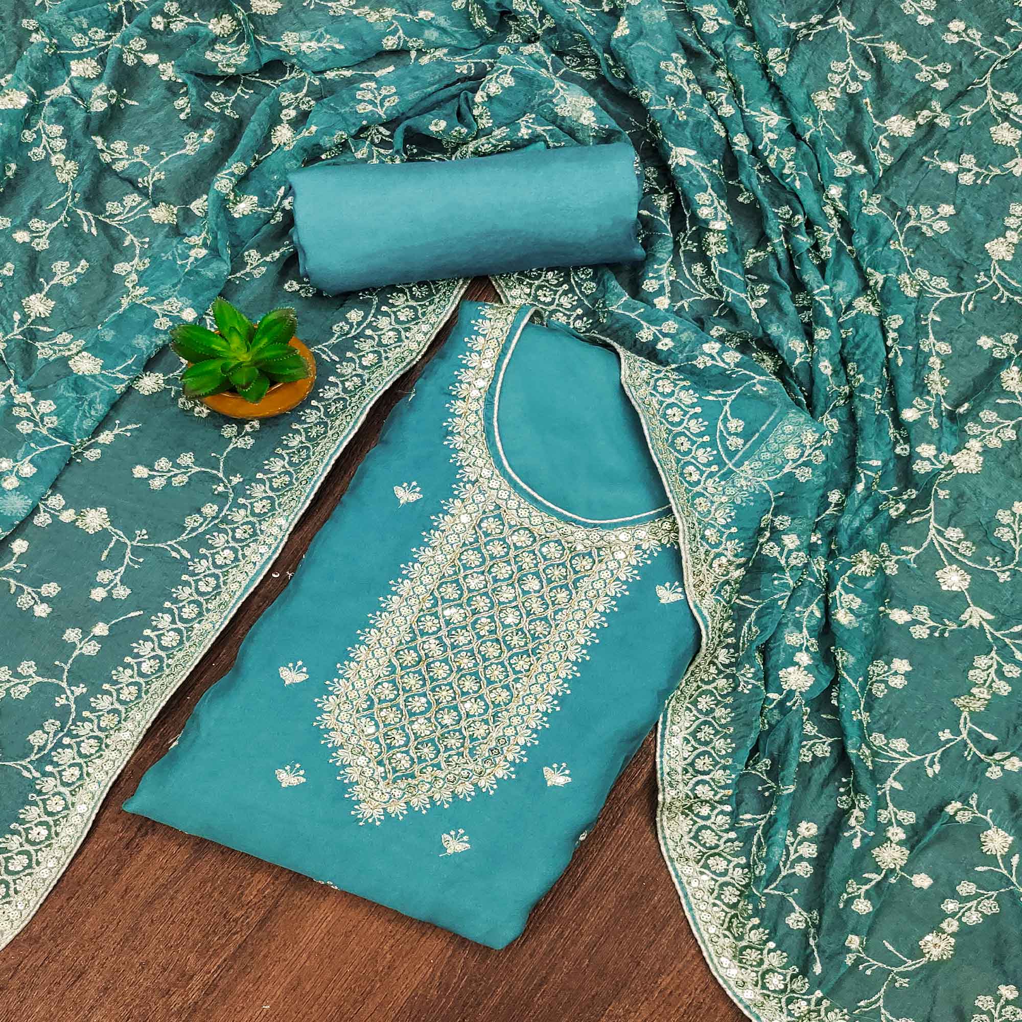 Rama Blue Embroidered Organza Dress Material