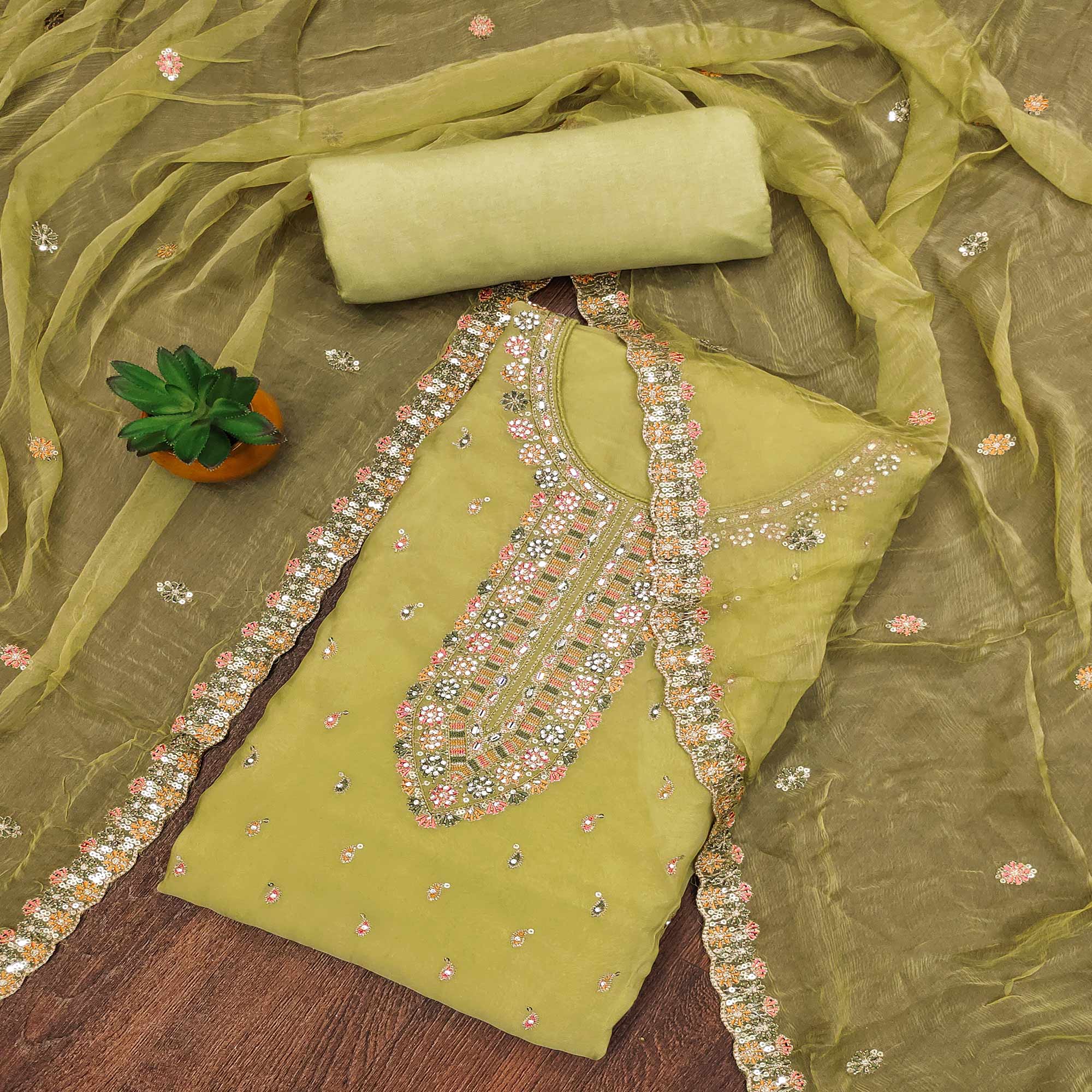 Green Sequins Embroidered With Mirror Work Organza Dress Material