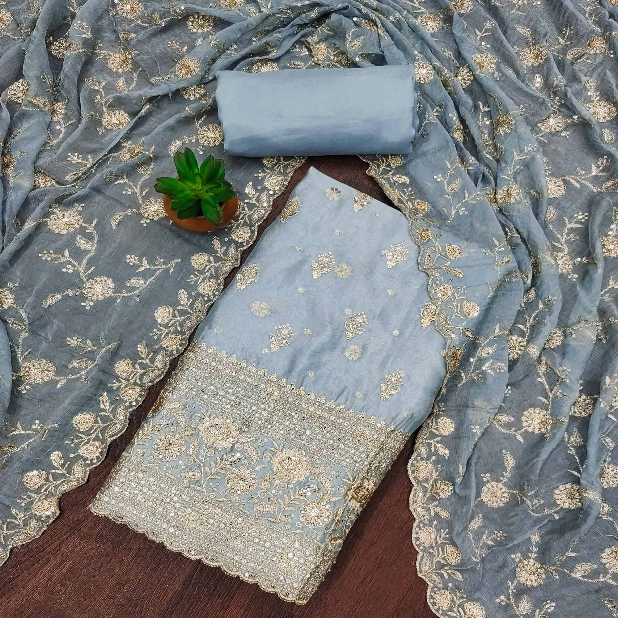 Grey Floral Sequins Embroidered With Stonework Organza Dress Material