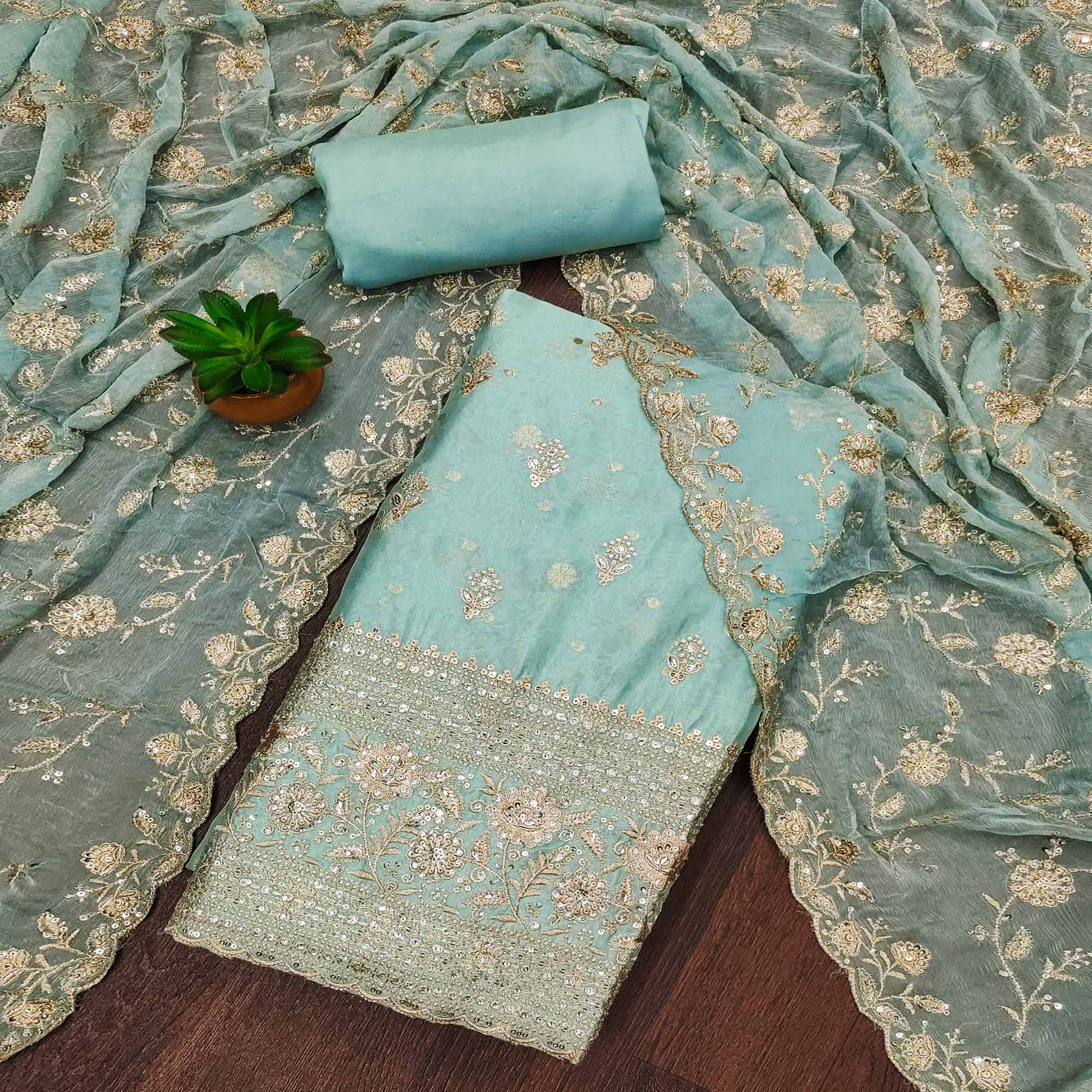 Turquoise Floral Sequins Embroidered With Stonework Organza Dress Material
