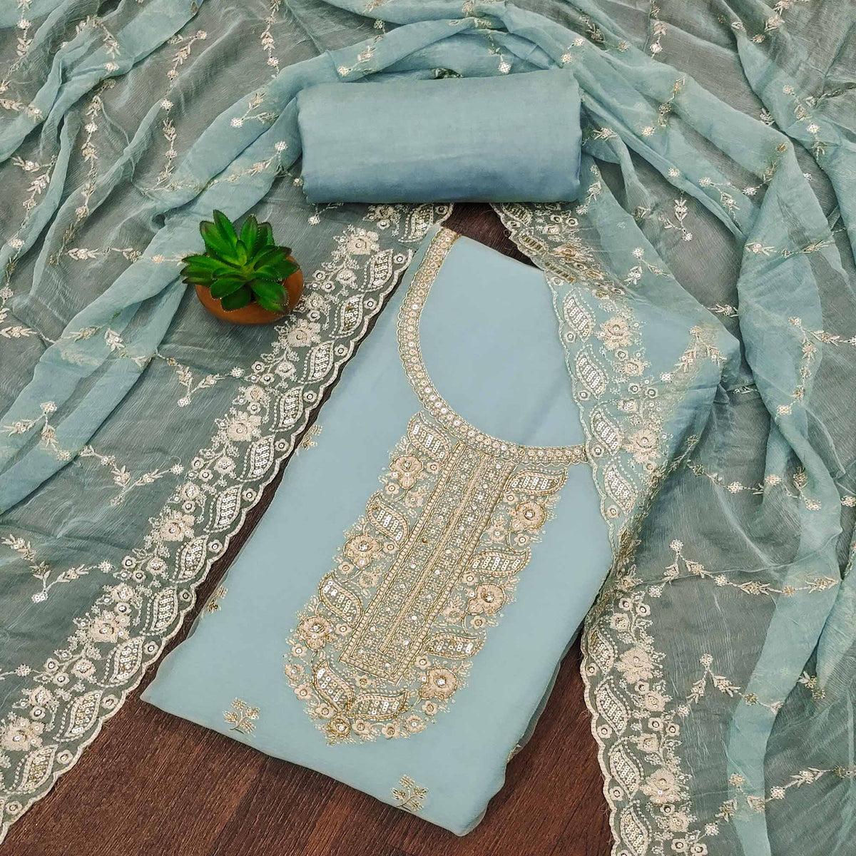 Blue Floral Sequins Embroidered Chiffon Dress Material Blue Floral Sequins Embroidered Chiffon Dress Material