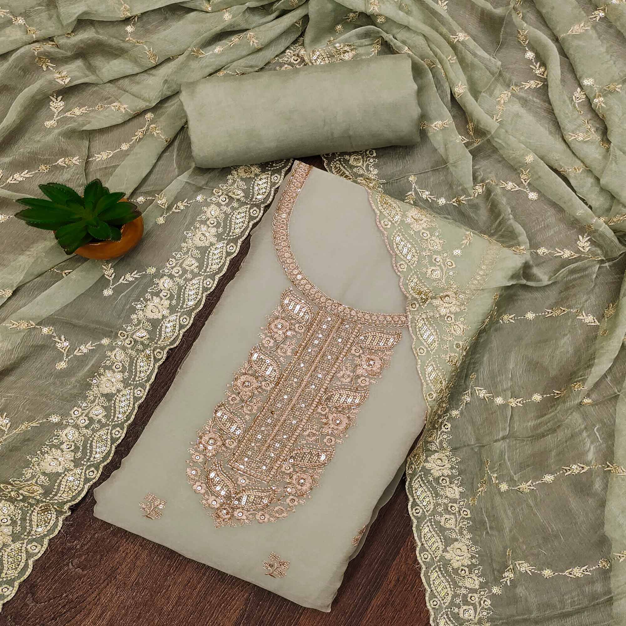 Green Floral Sequins Embroidered Chiffon Dress Material