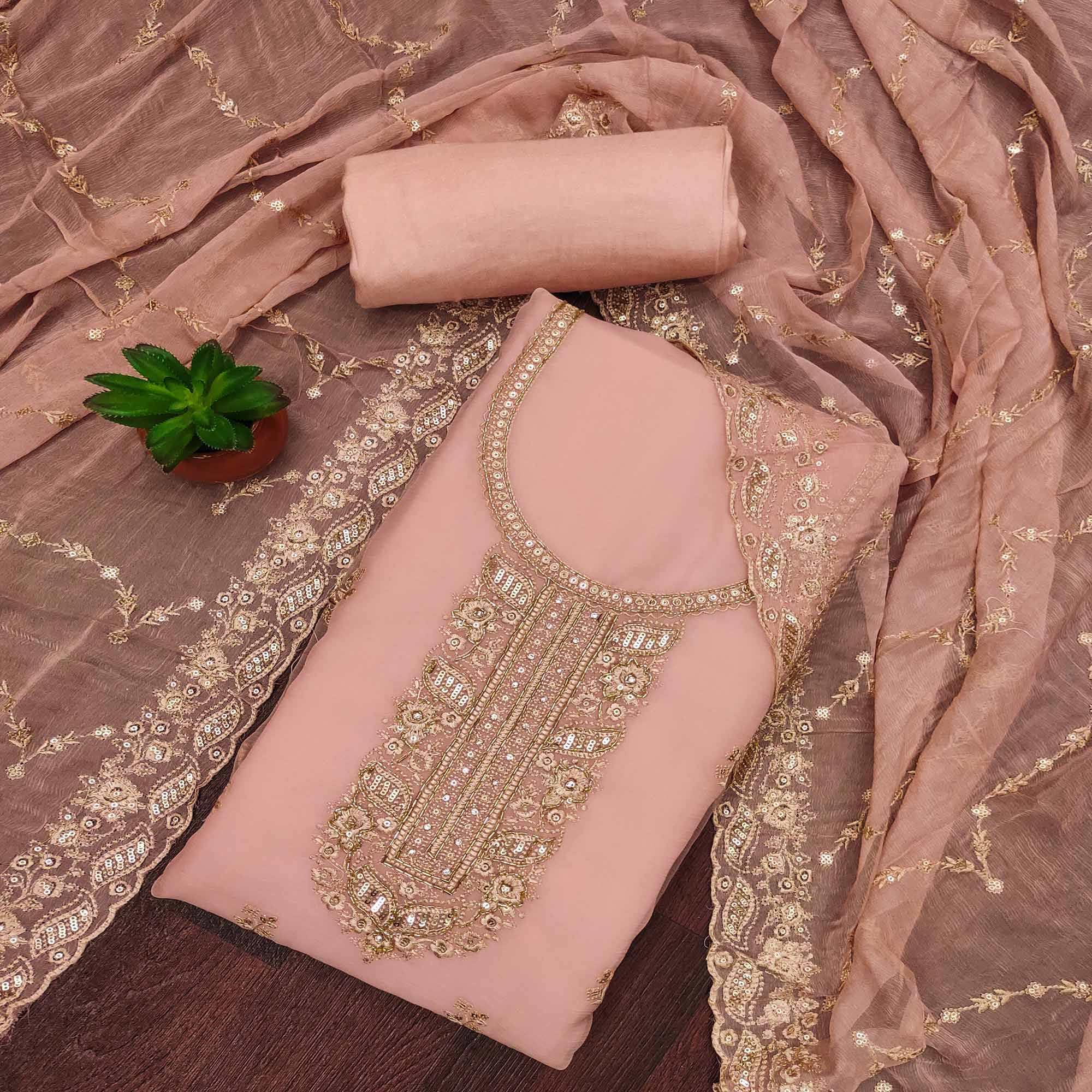 white christmas dresses Peach Floral Sequins Embroidered Chiffon Dress Material