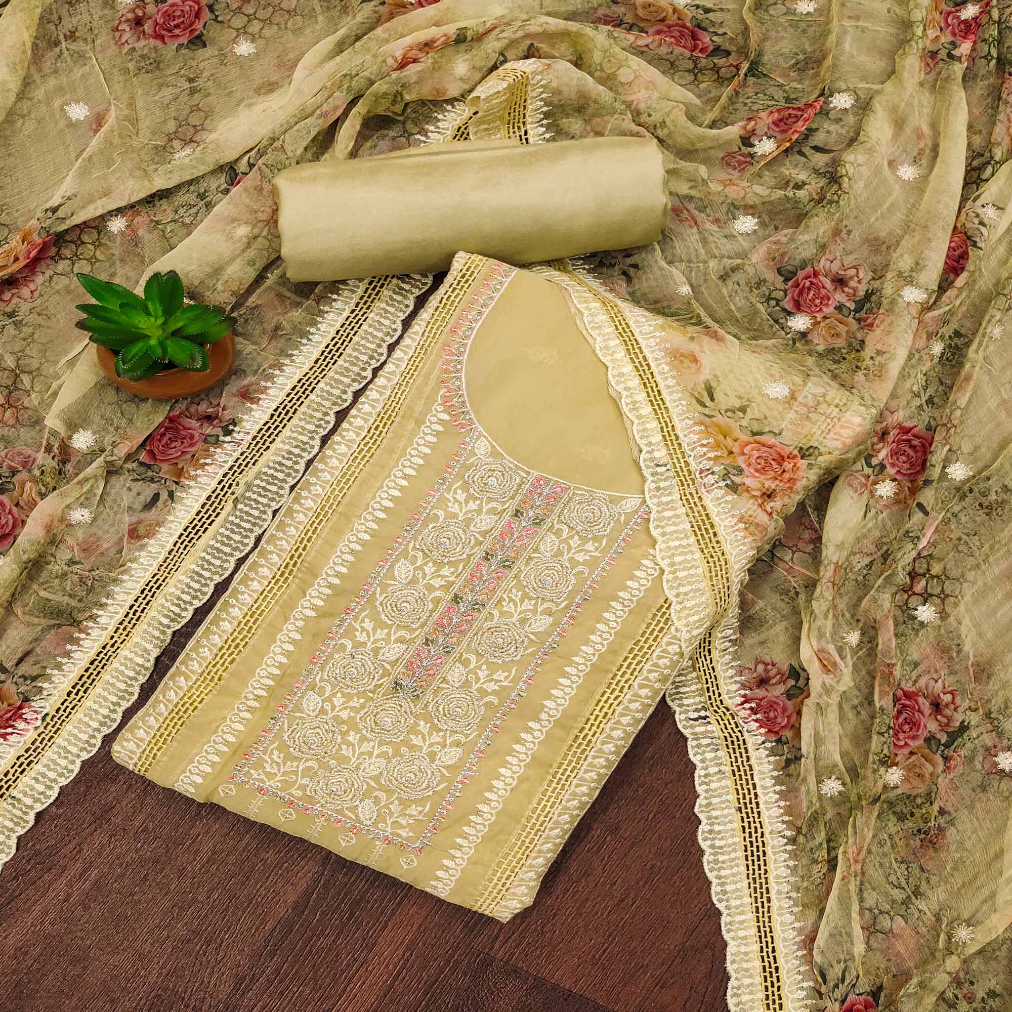 Beige Floral Hand Embroidered Organza Dress Material