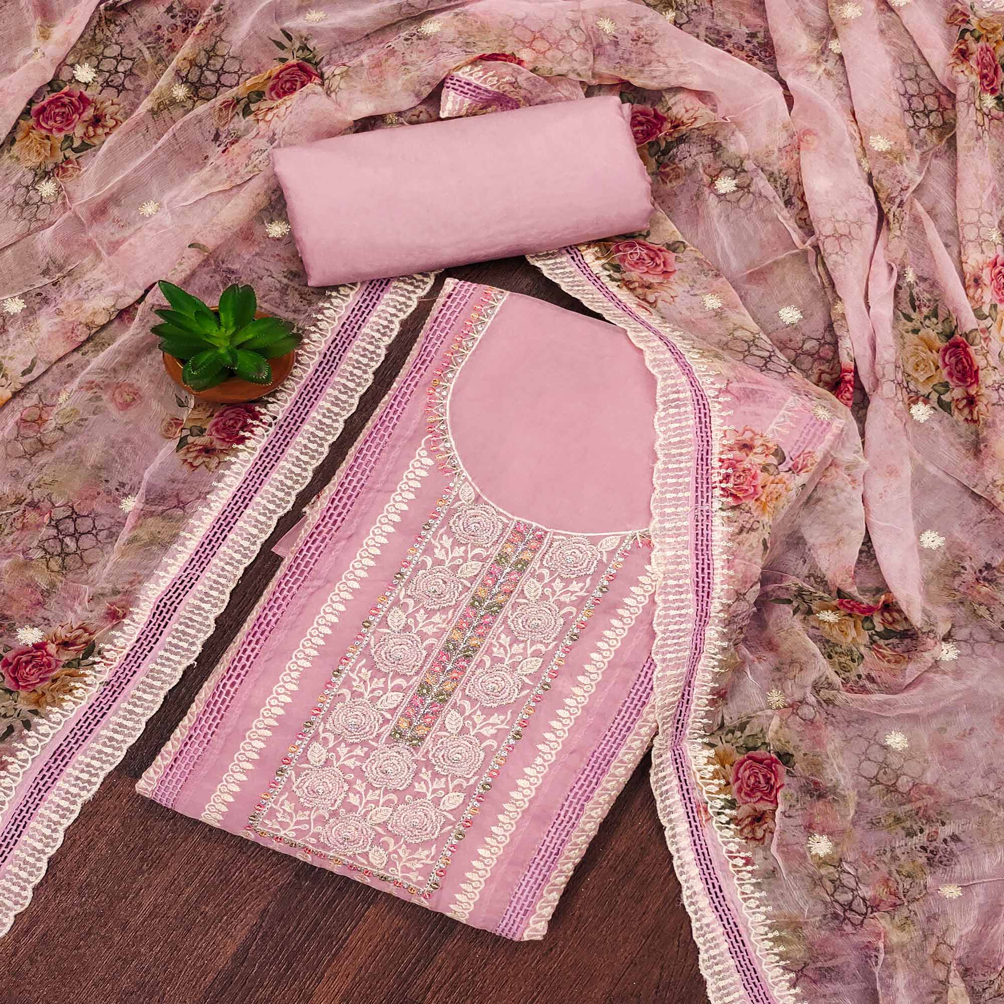 Pink Floral Hand Embroidered Organza Dress Material