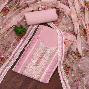 Pink Floral Hand Embroidered Organza Dress Material