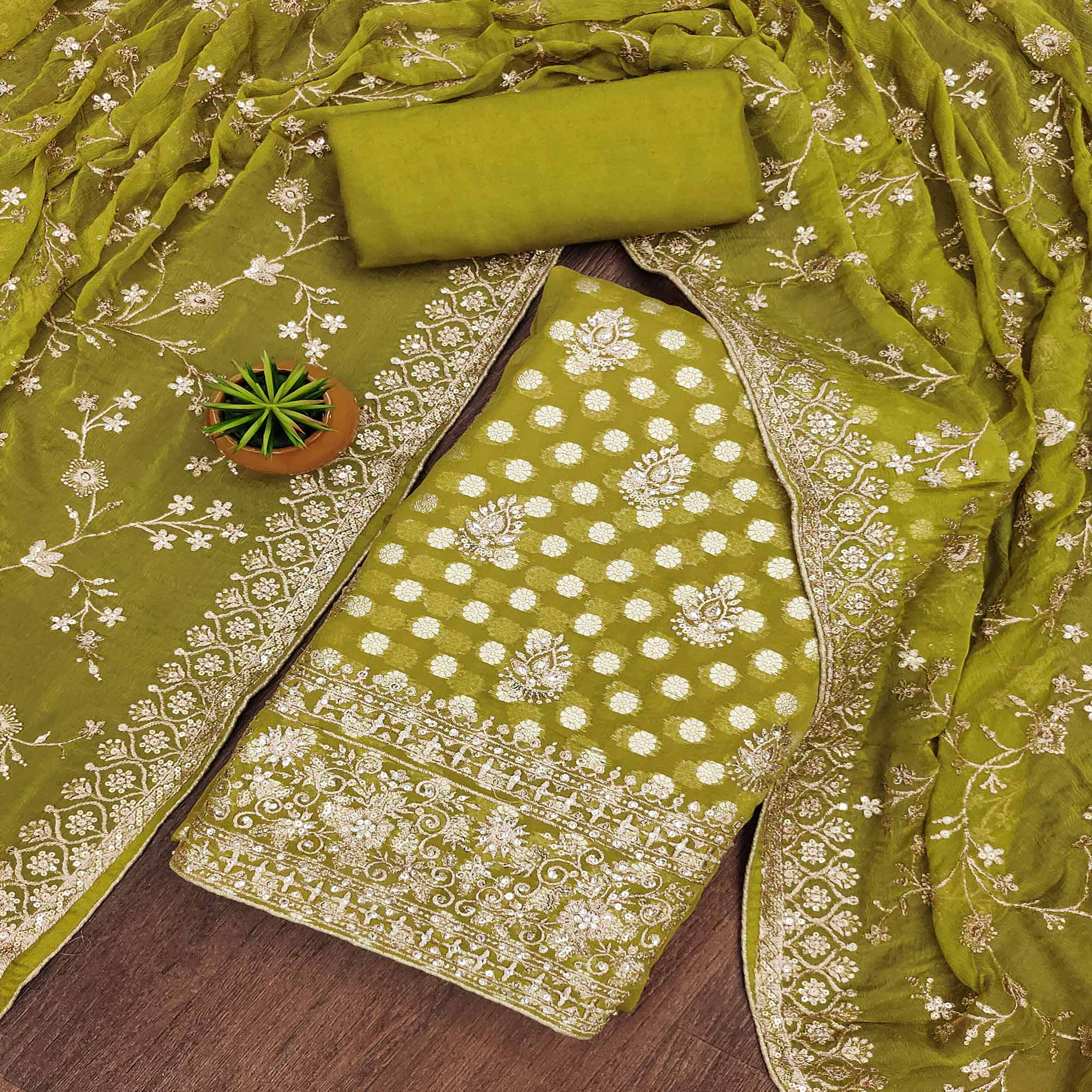 Mehendi Green Floral Embroidered With Woven Georgette Dress Material