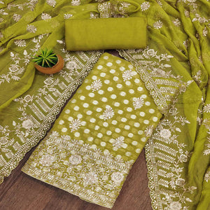 Mehendi Green Floral Embroidered With Woven Georgette Dress Material