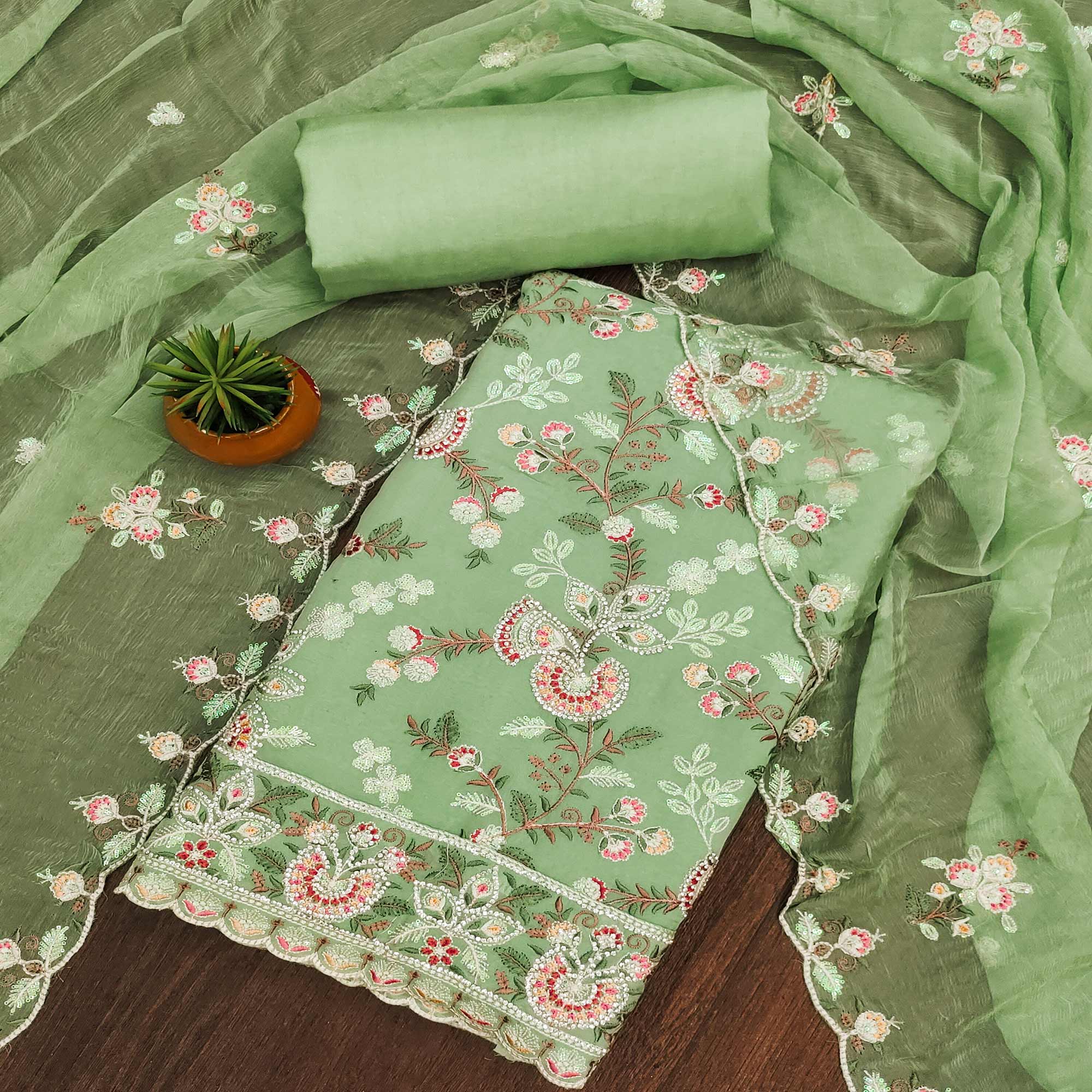 Green Floral Embroidered With Stonework Organza Dress Material