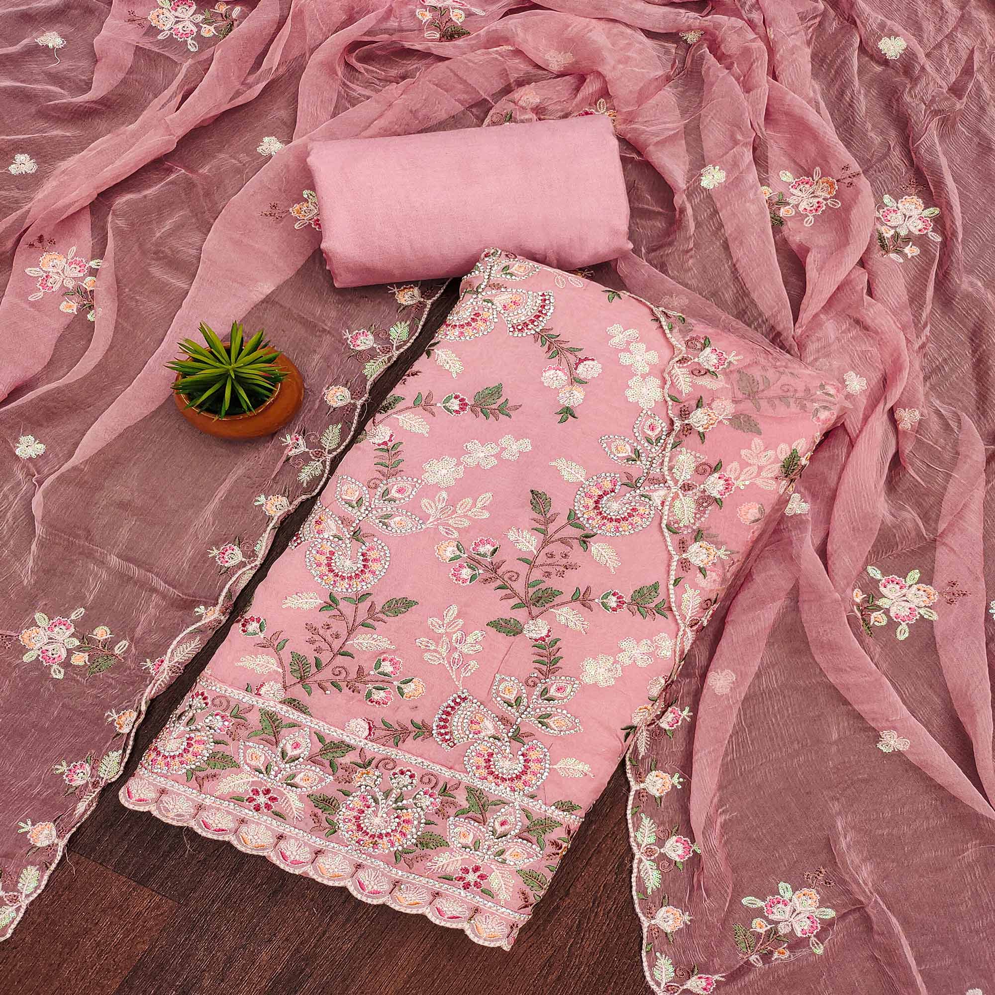 Pink Floral Embroidered With Stonework Organza Dress Material