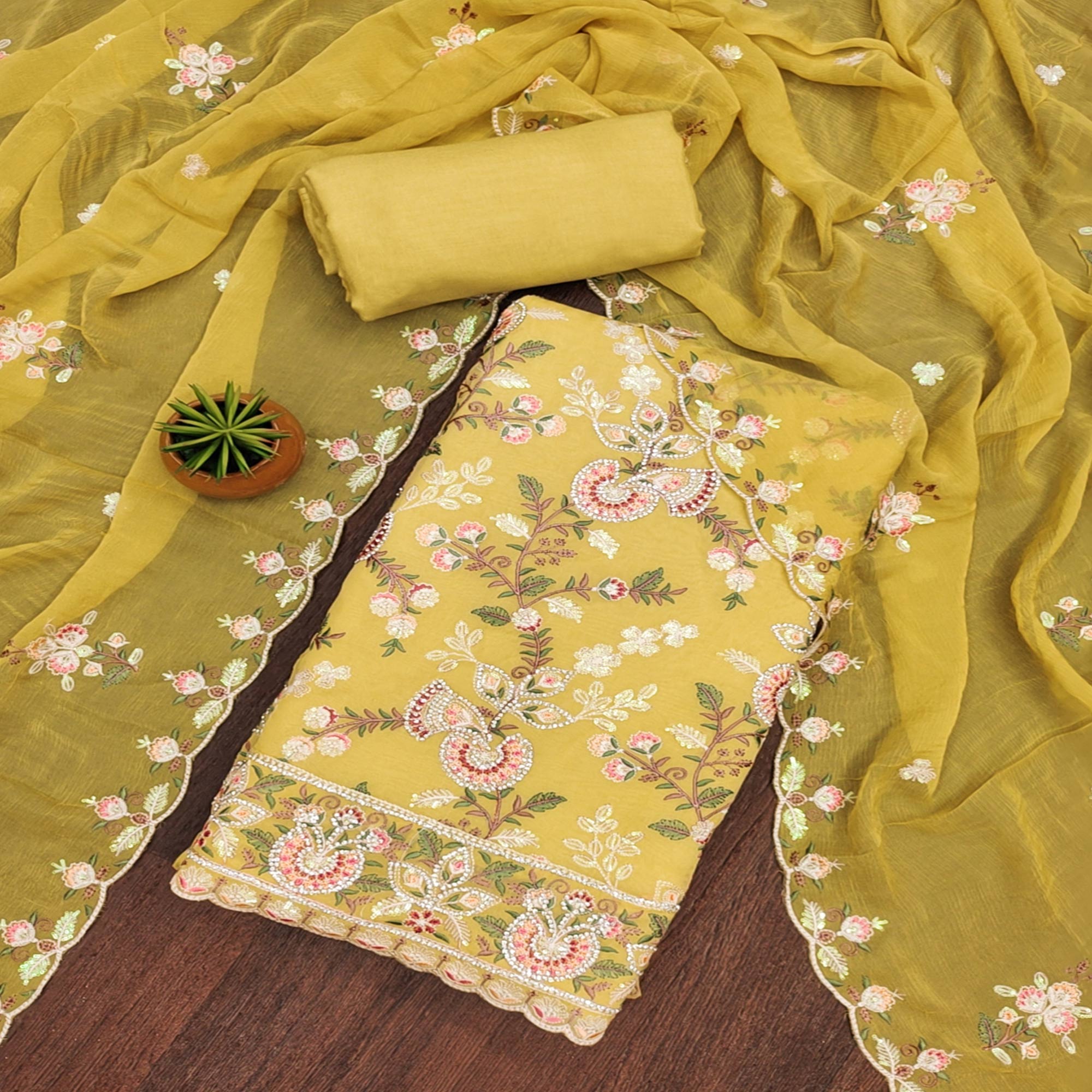 Yellow Floral Embroidered With Stonework Organza Dress Material