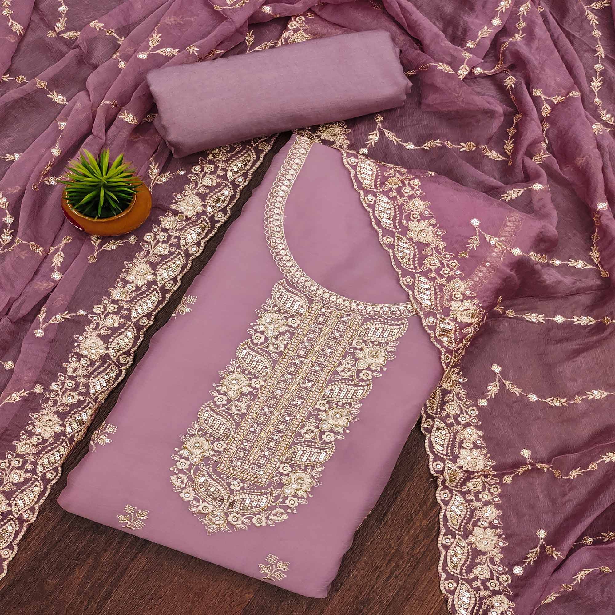 Mauve Floral Embroidered Chiffon Dress Material