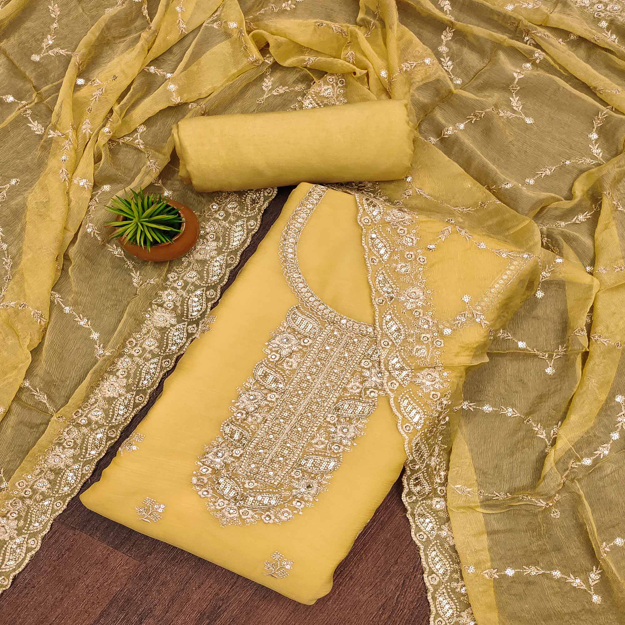 Mustard Floral Embroidered Chiffon Dress Material