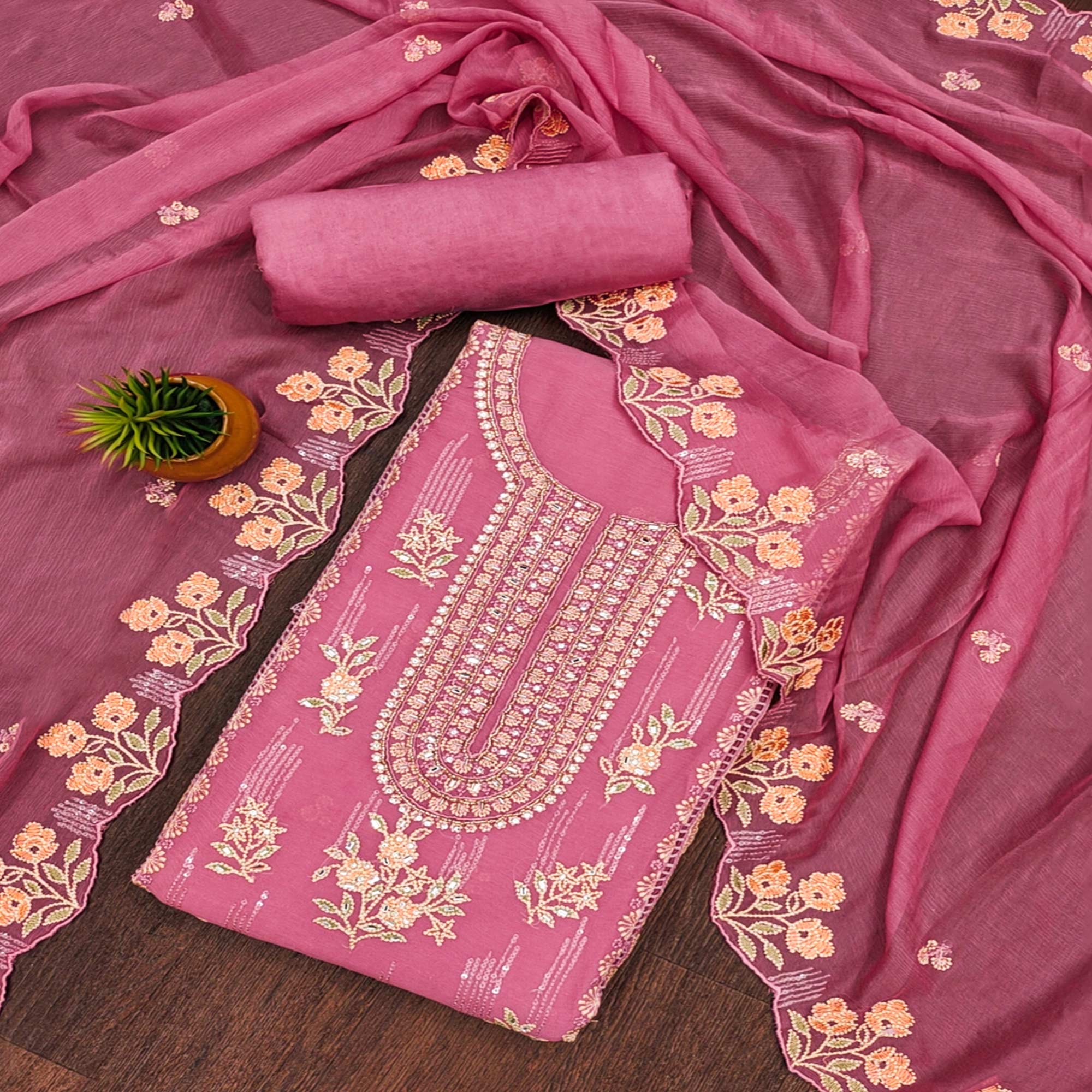 Pink Floral Embroidered Chiffon Dress Material