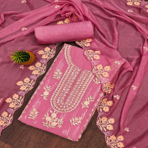 Pink Floral Embroidered Chiffon Dress Material