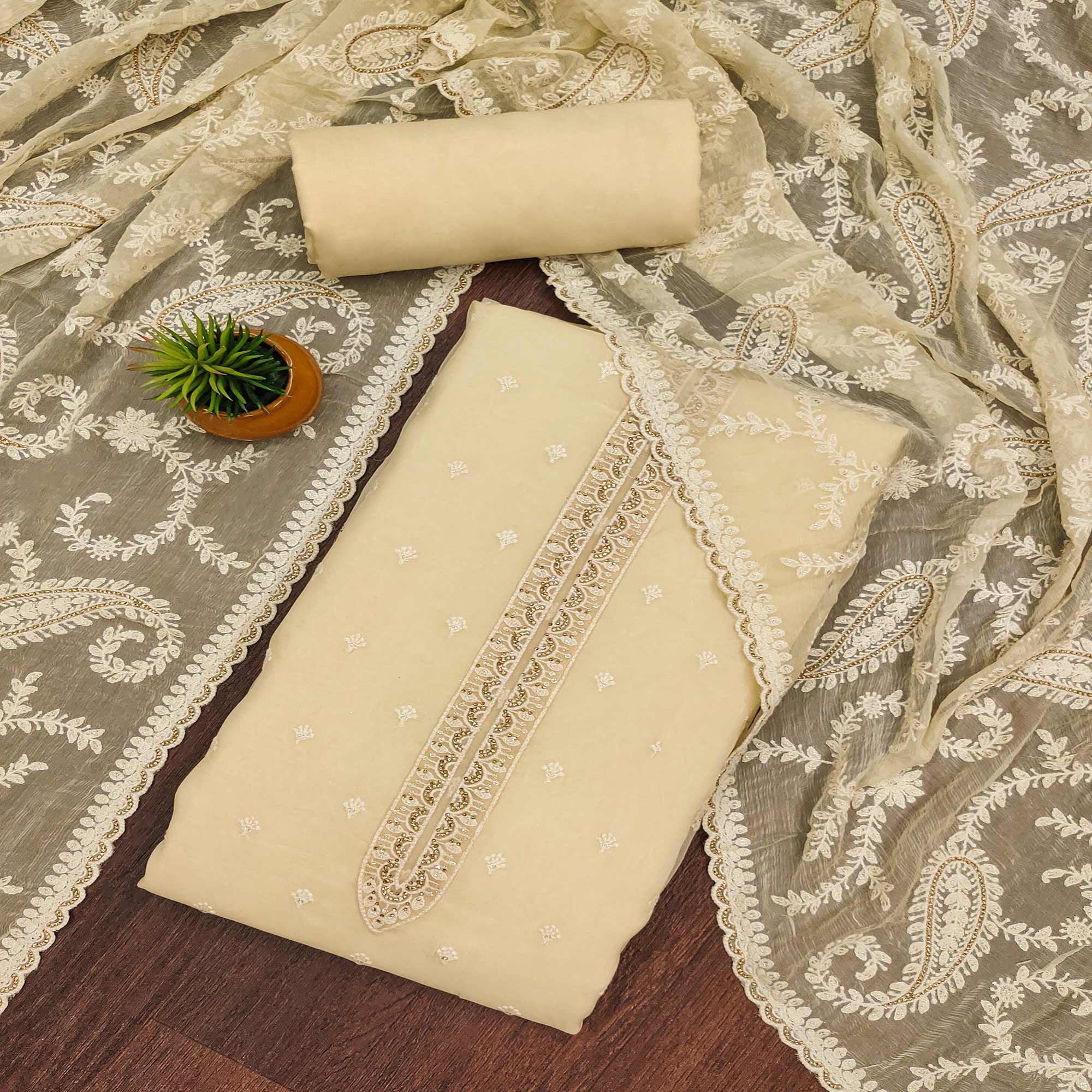 Beige Embroidered Organza Dress Material