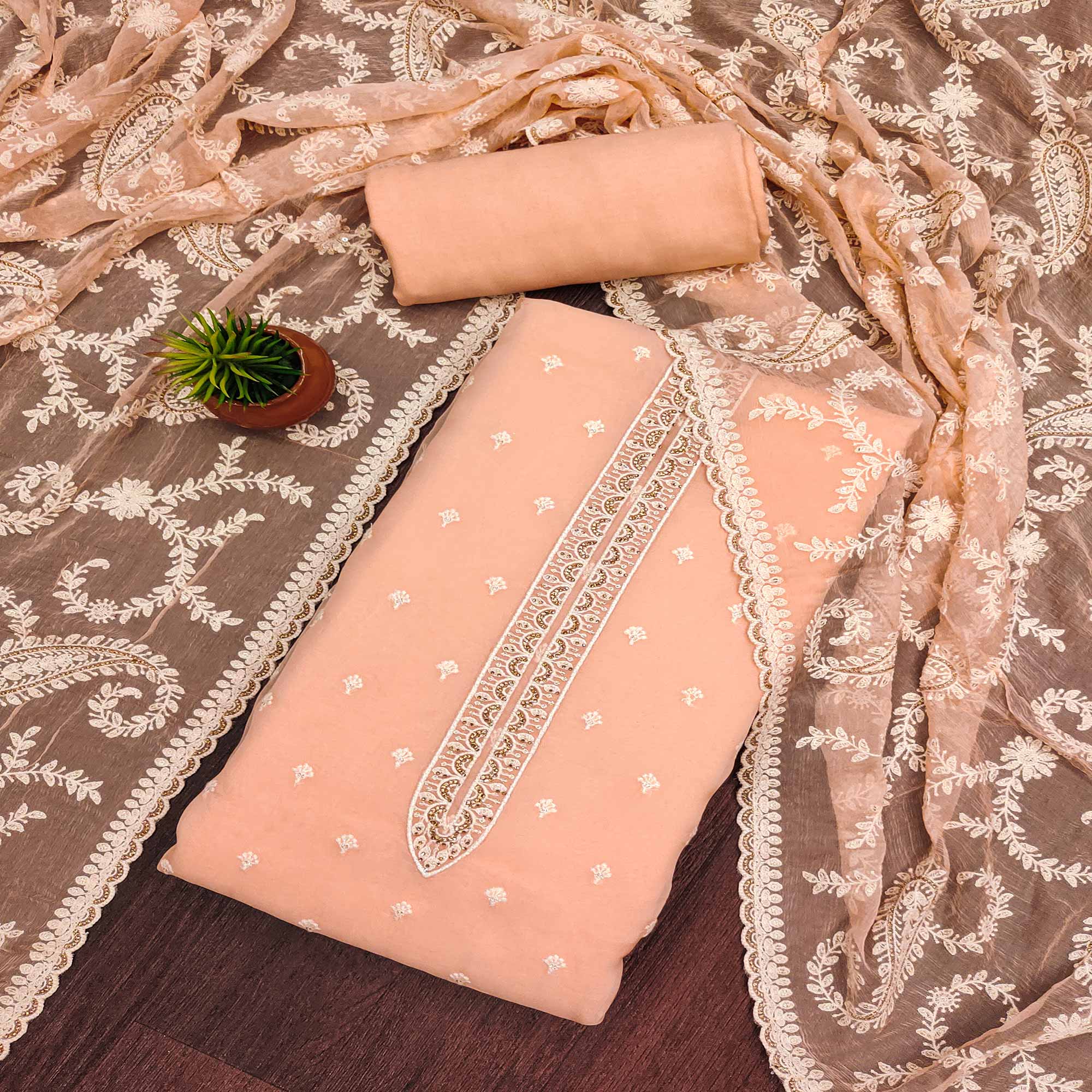 Peach Embroidered Organza Dress Material